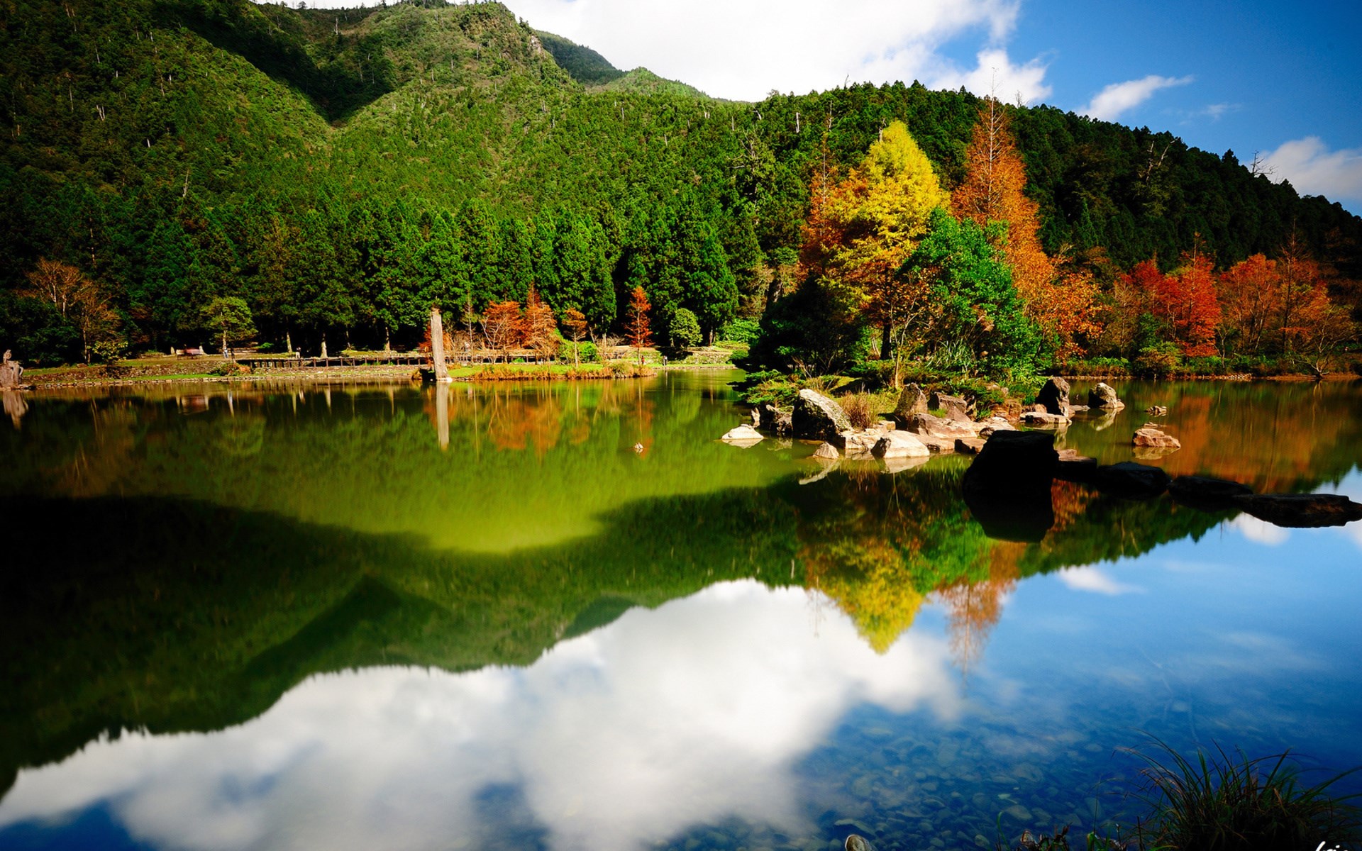 Autumn trees reflected in a calm lake with mountains HD Wallpaper