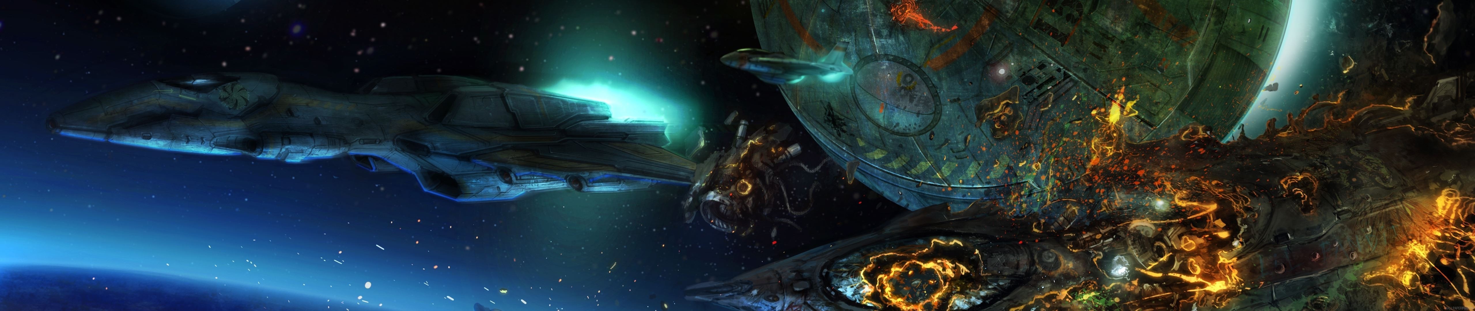 Spaceship near a damaged space station in orbit HD Wallpaper
