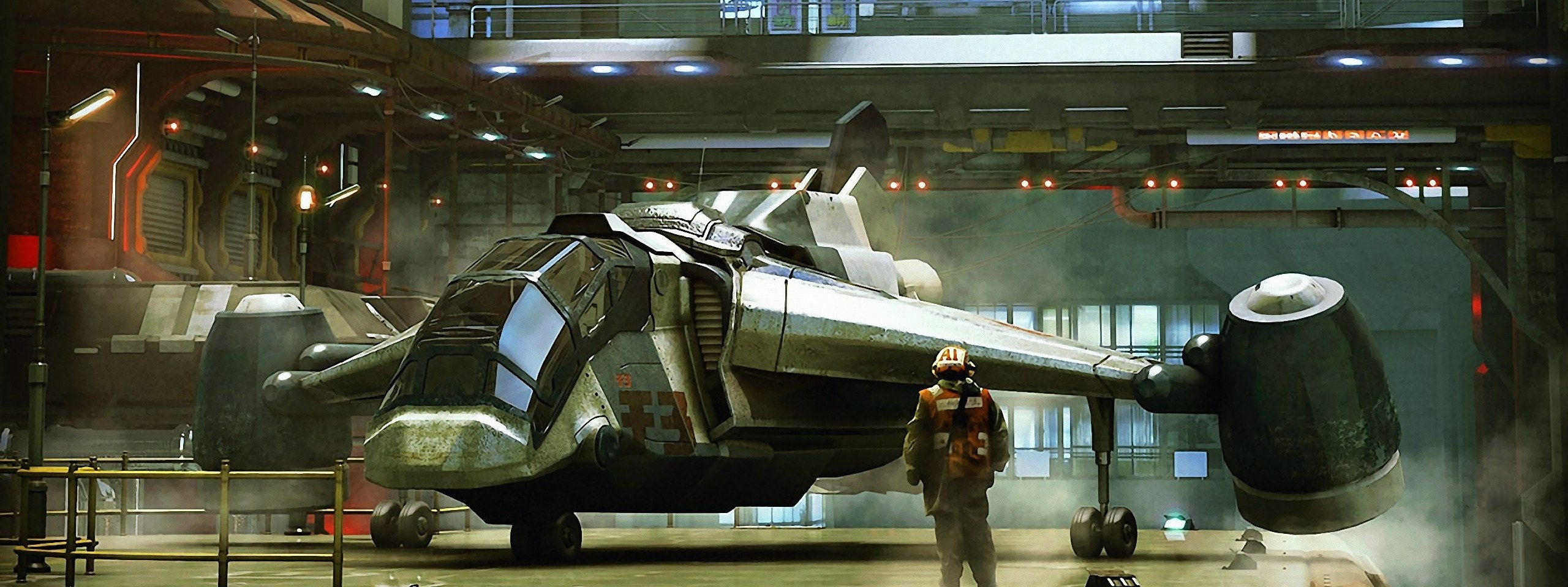 Science fiction aircraft in a hangar with a person HD Wallpaper