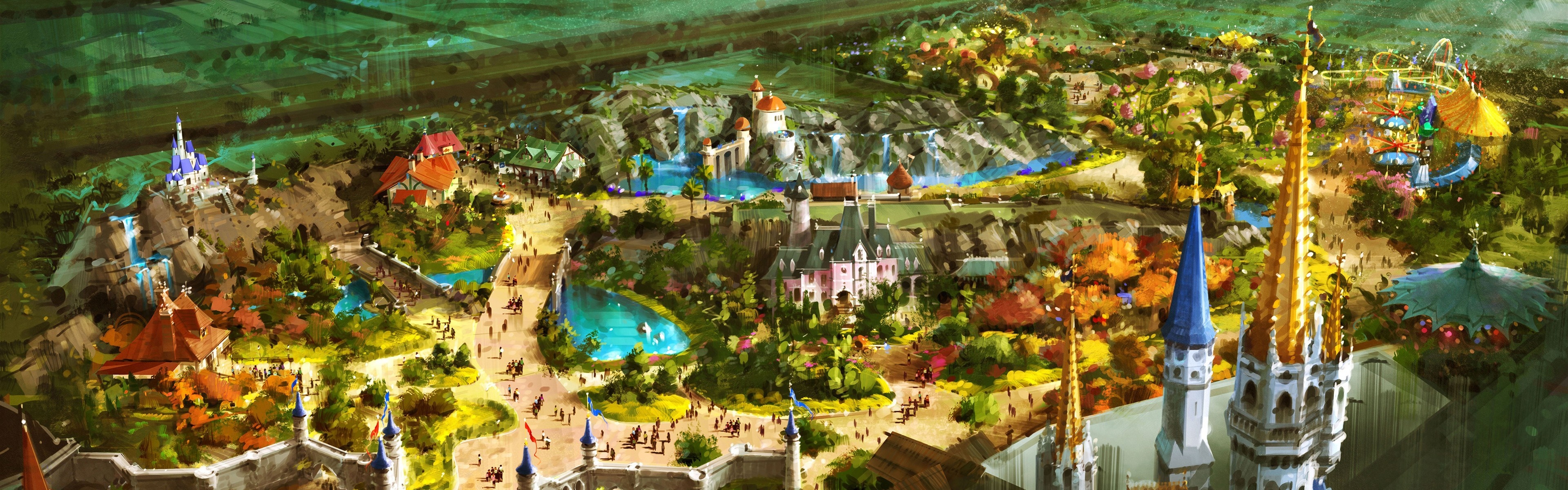 Fantasy art of a colorful theme park with castles and rides HD Wallpaper