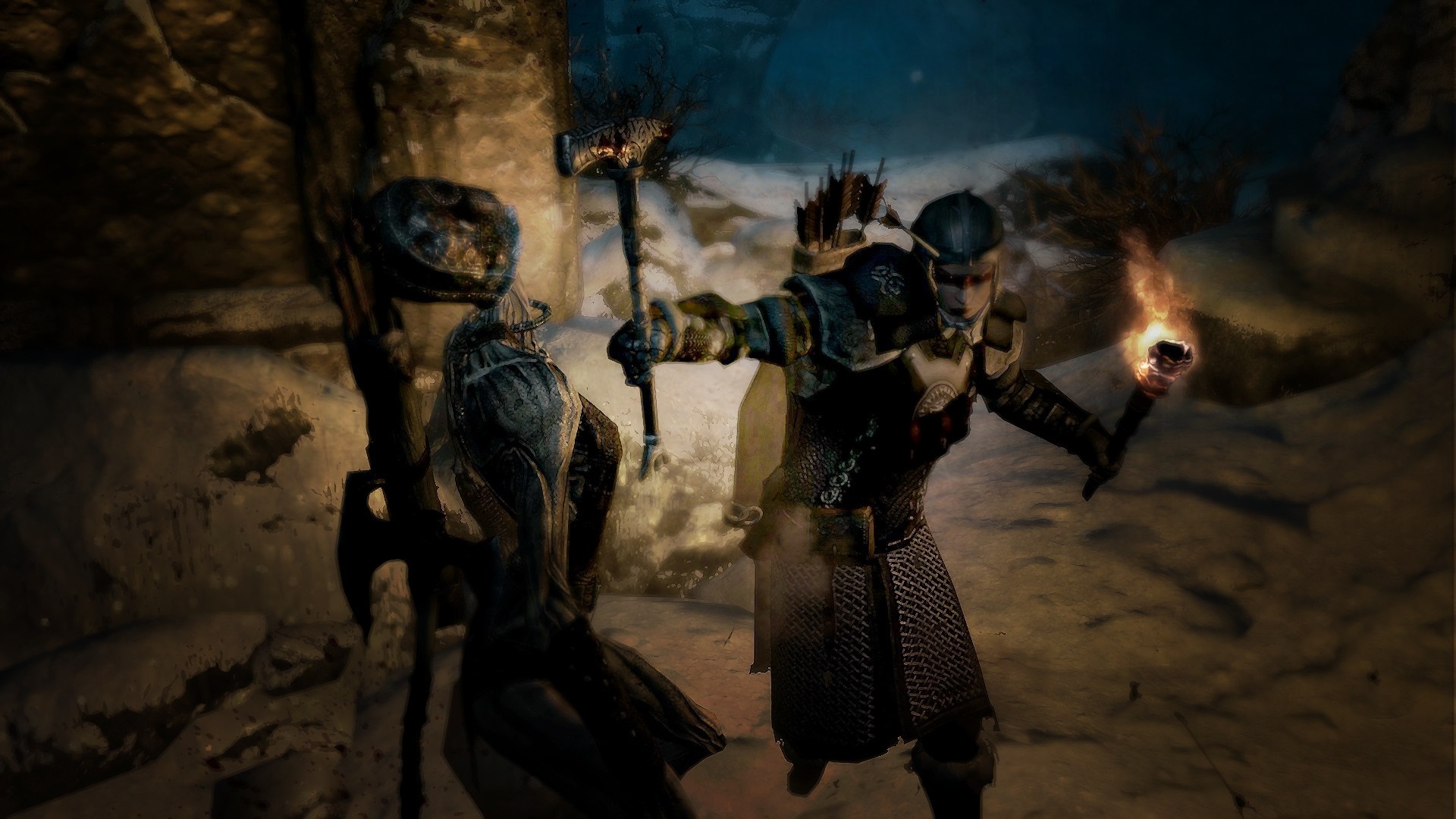 Two warriors fighting in The Elder Scrolls V Skyrim HD Wallpaper
