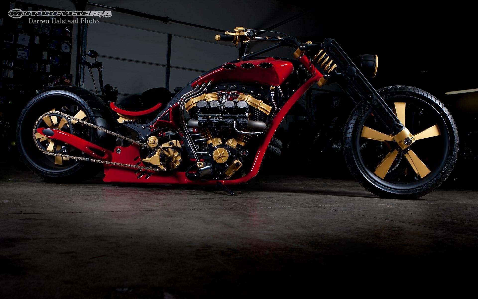 Custom red and gold chopper motorcycle HD Wallpaper