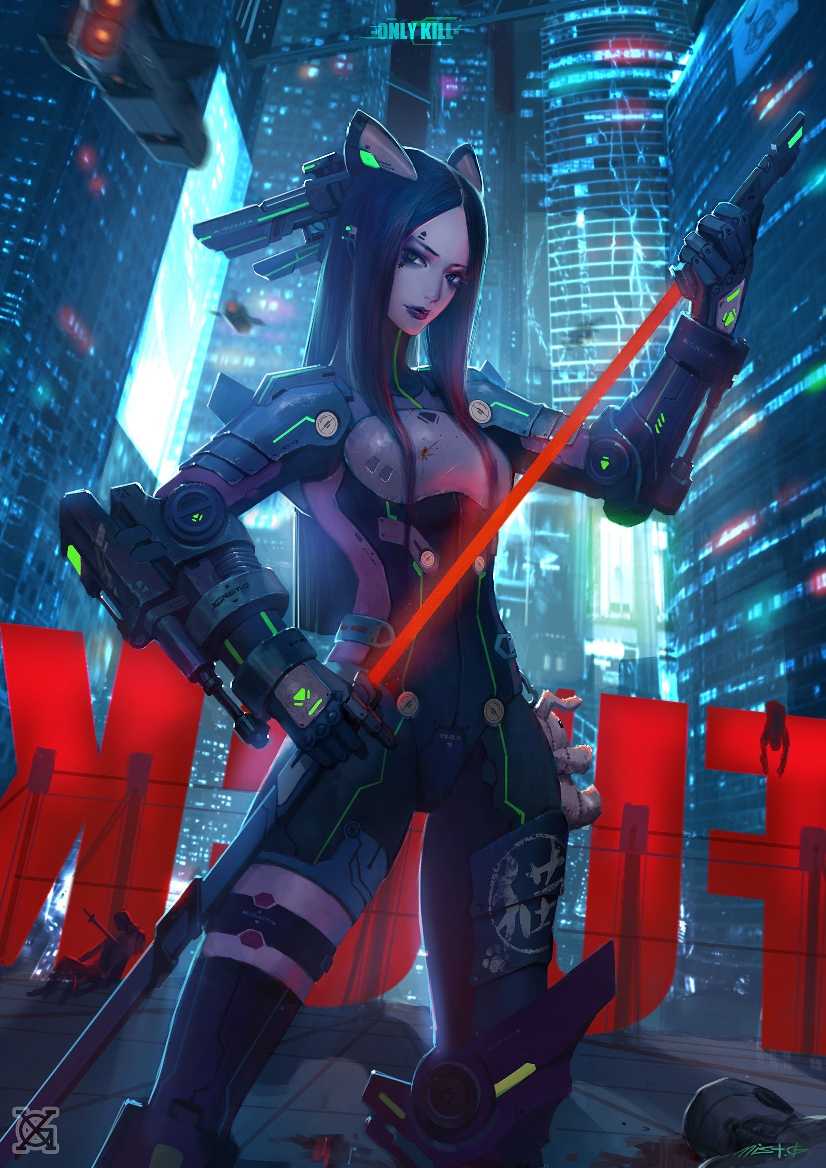 Cyberpunk anime warrior with katana in neon city HD Wallpaper