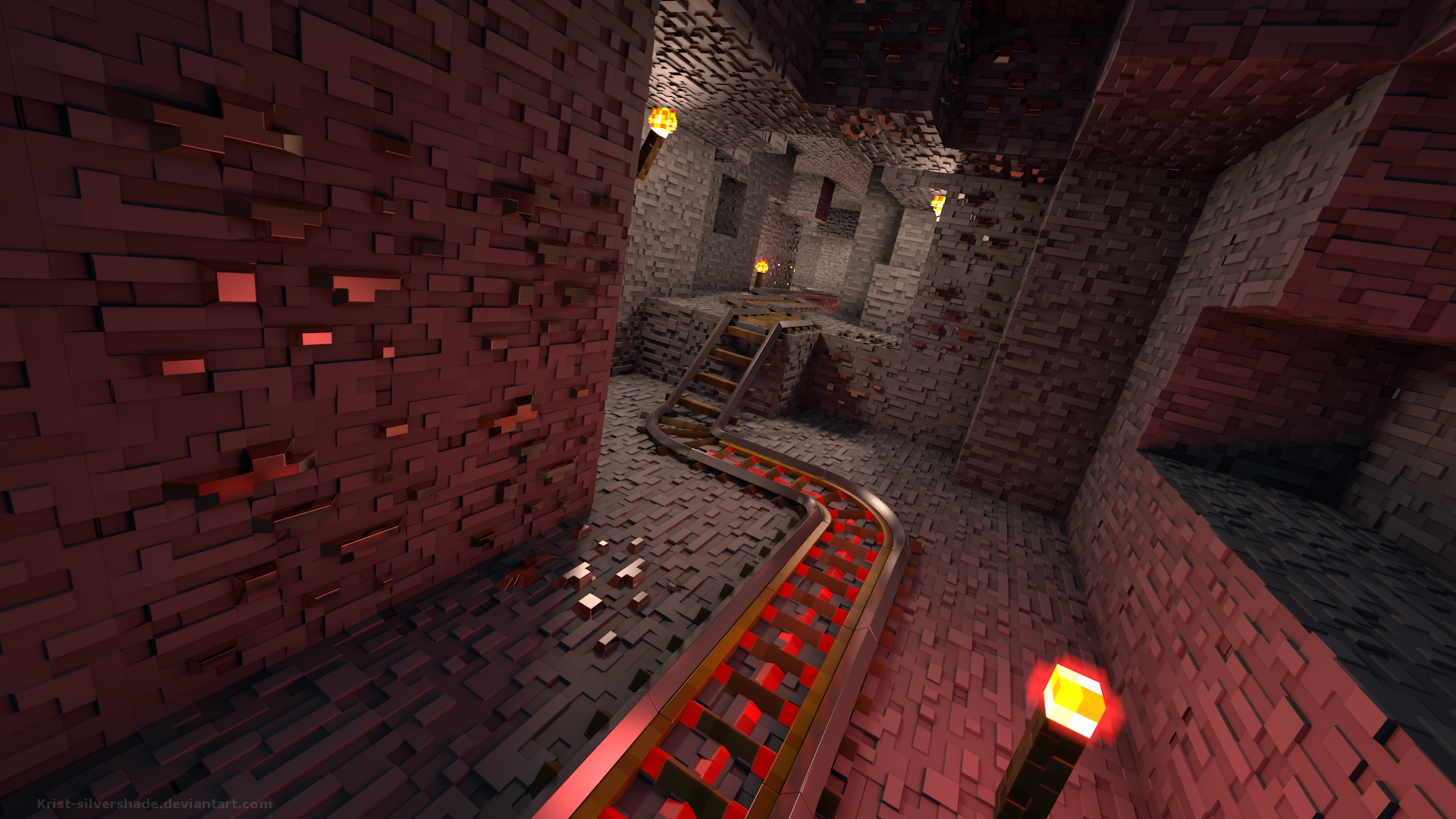 Minecraft minecart track in a dark cave HD Wallpaper