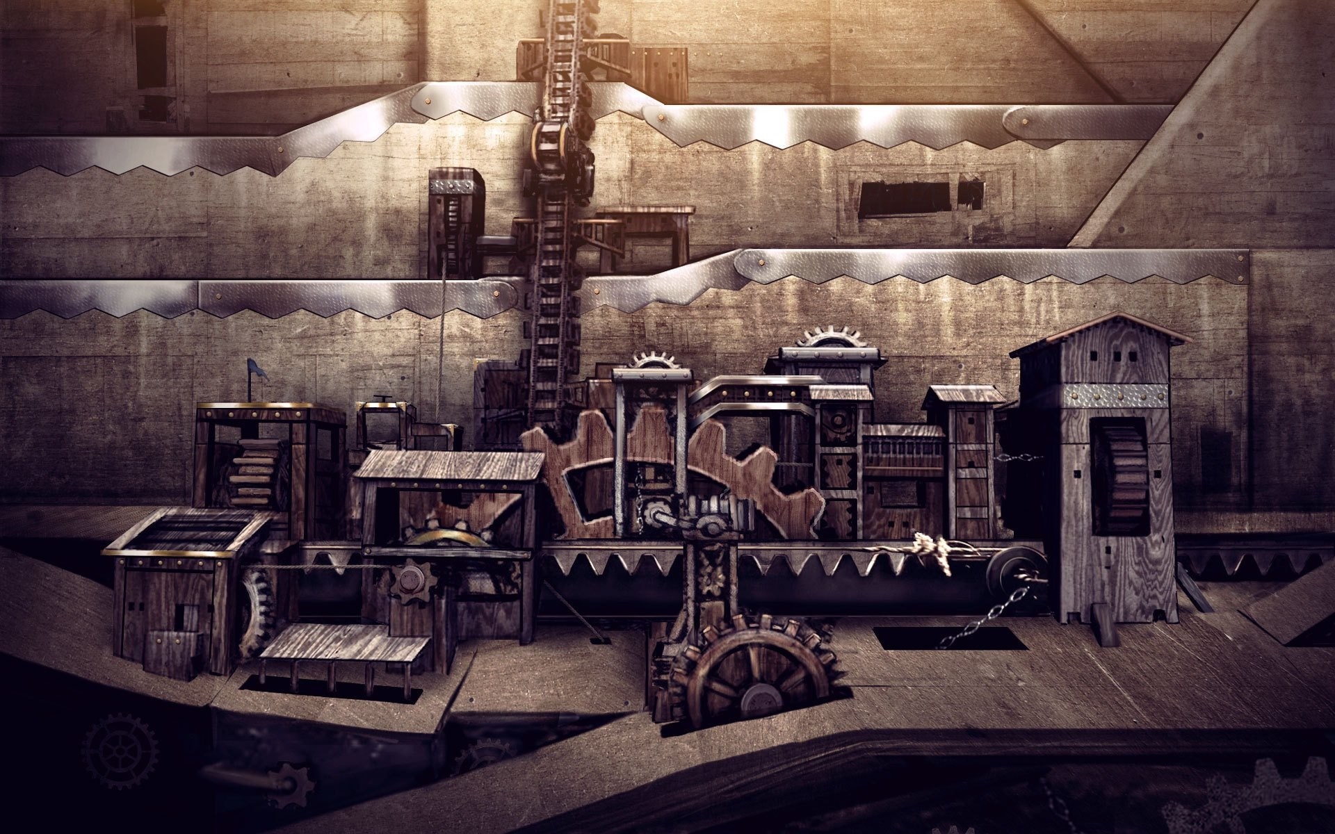 Steampunk Industrial Cityscape with Gears and Wooden Structures HD Wallpaper