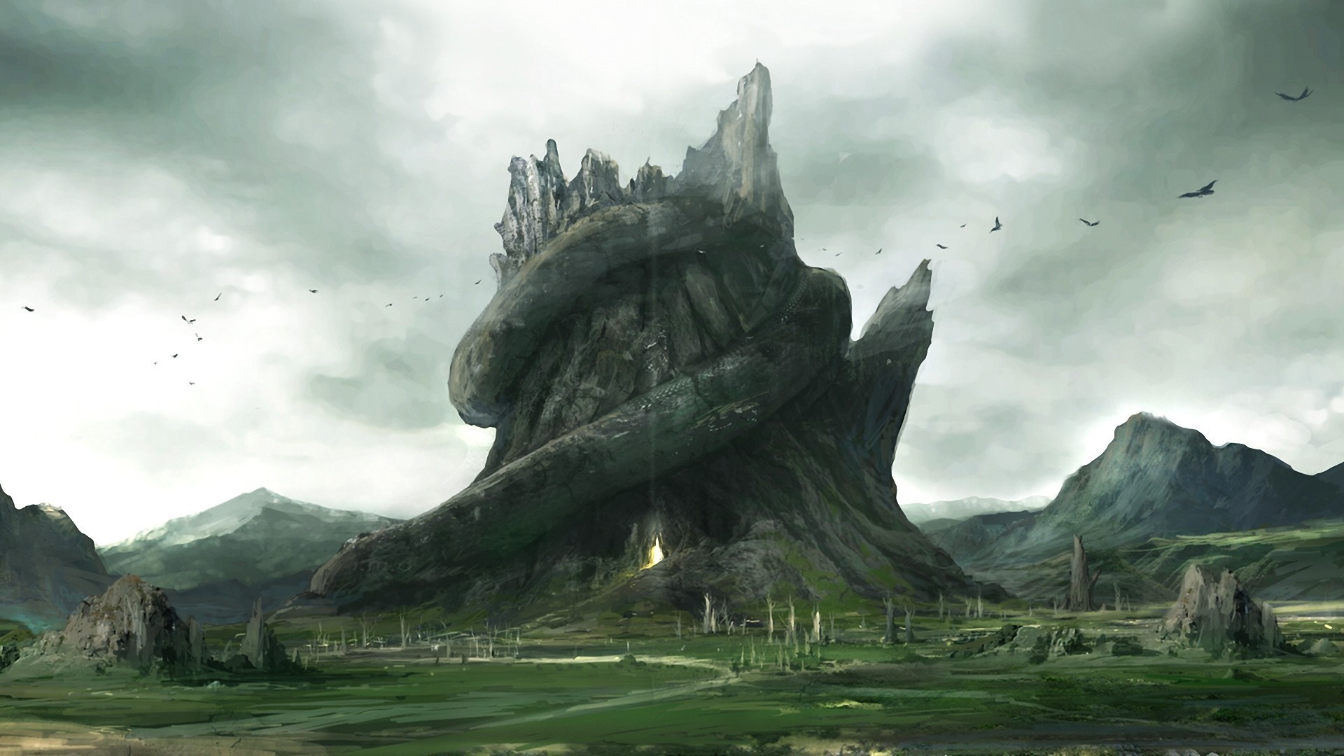 Fantasy landscape with a giant rock formation and mountains HD Wallpaper