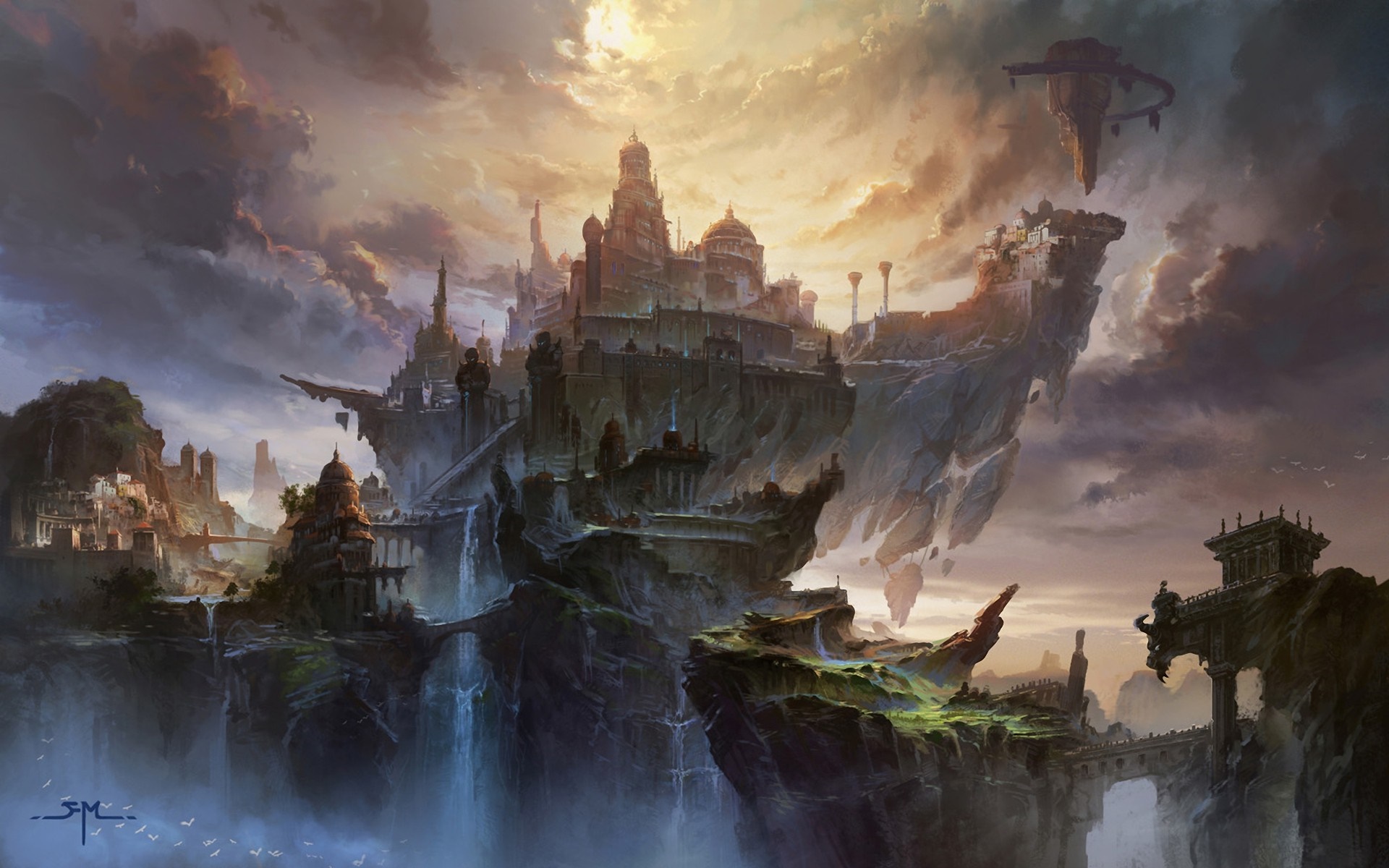 Fantasy floating city with waterfalls and flying vehicles HD Wallpaper