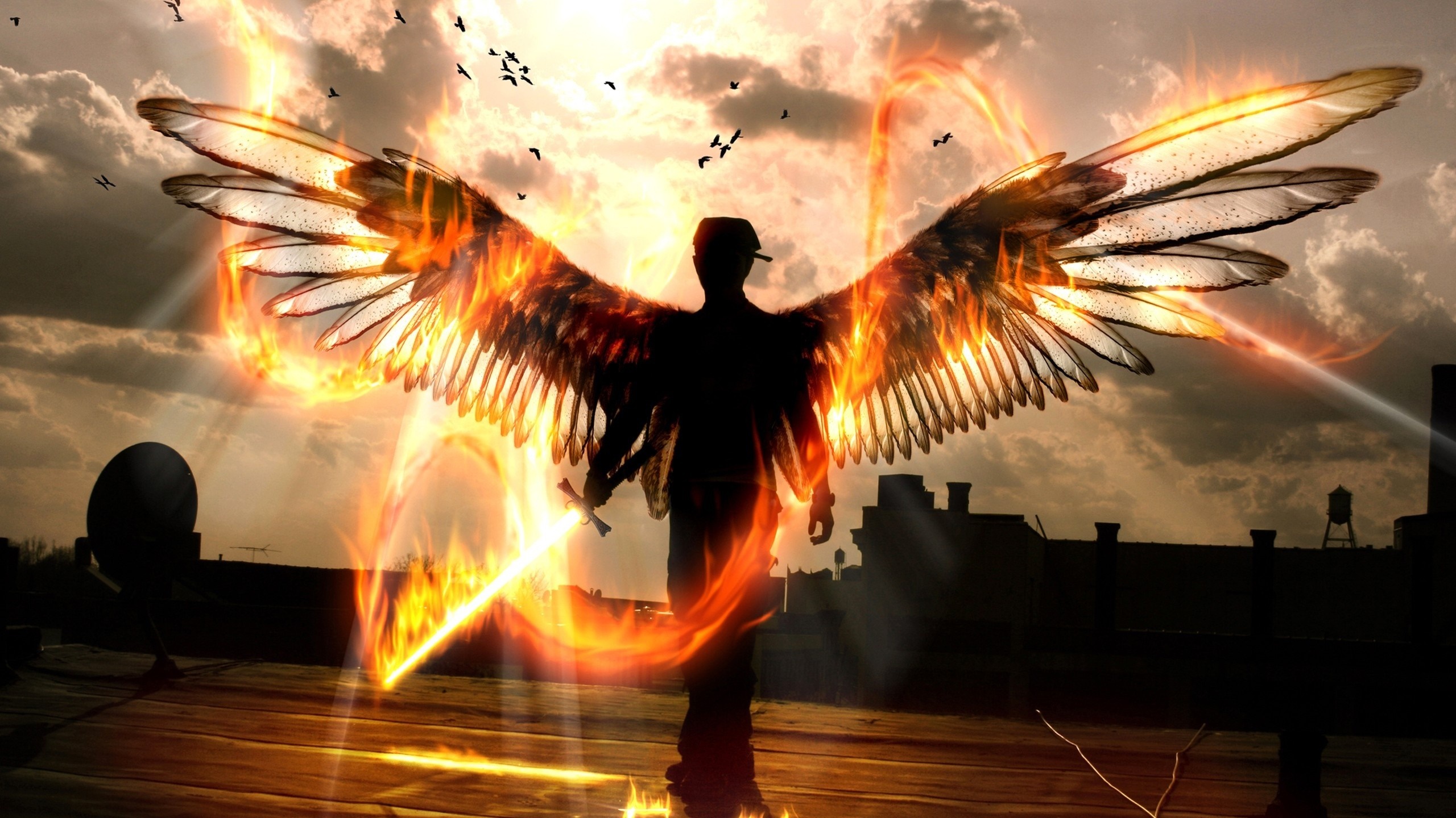 Angel with fiery wings and sword HD Wallpaper