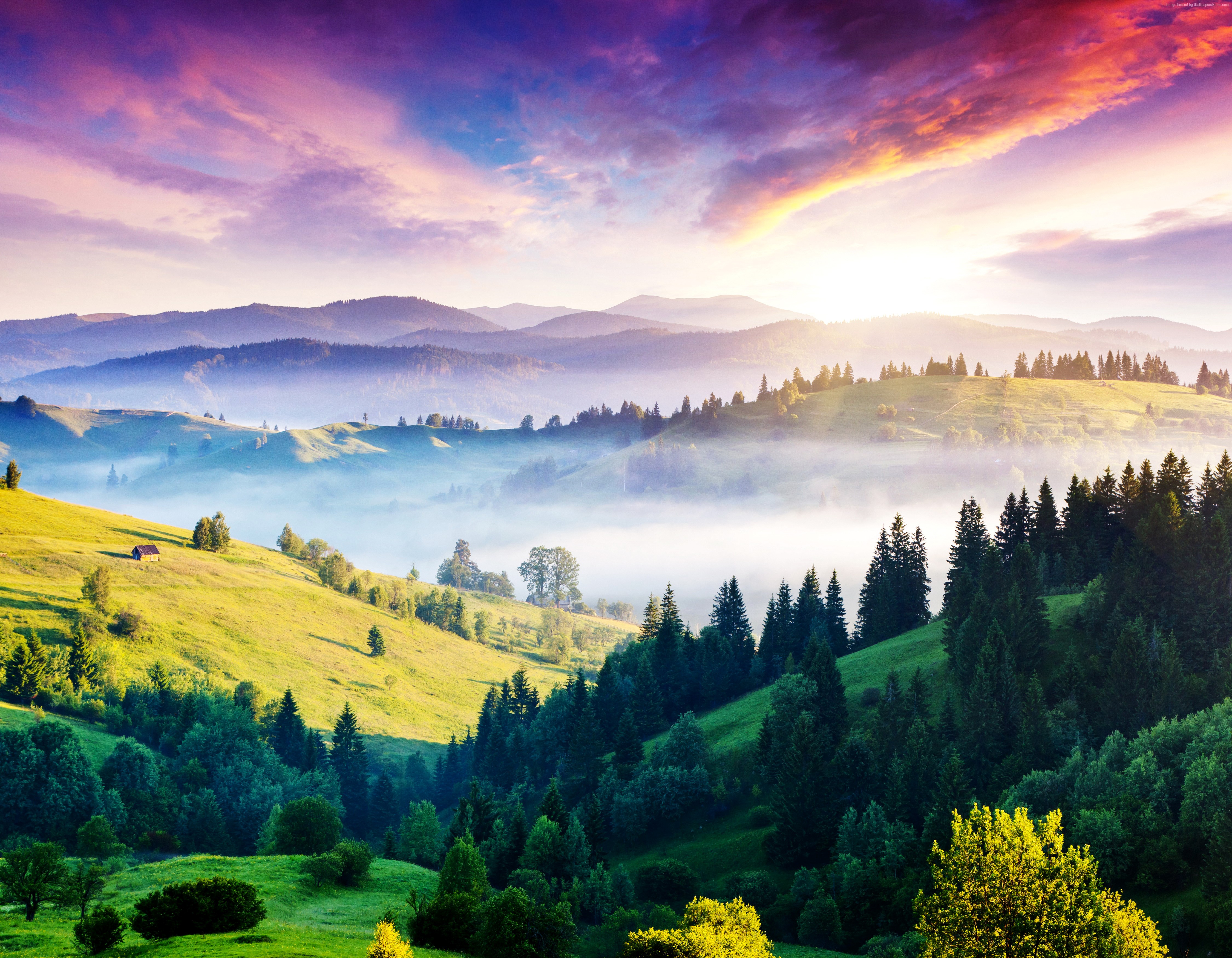 Misty Carpathian Mountains at Sunset HD Wallpaper