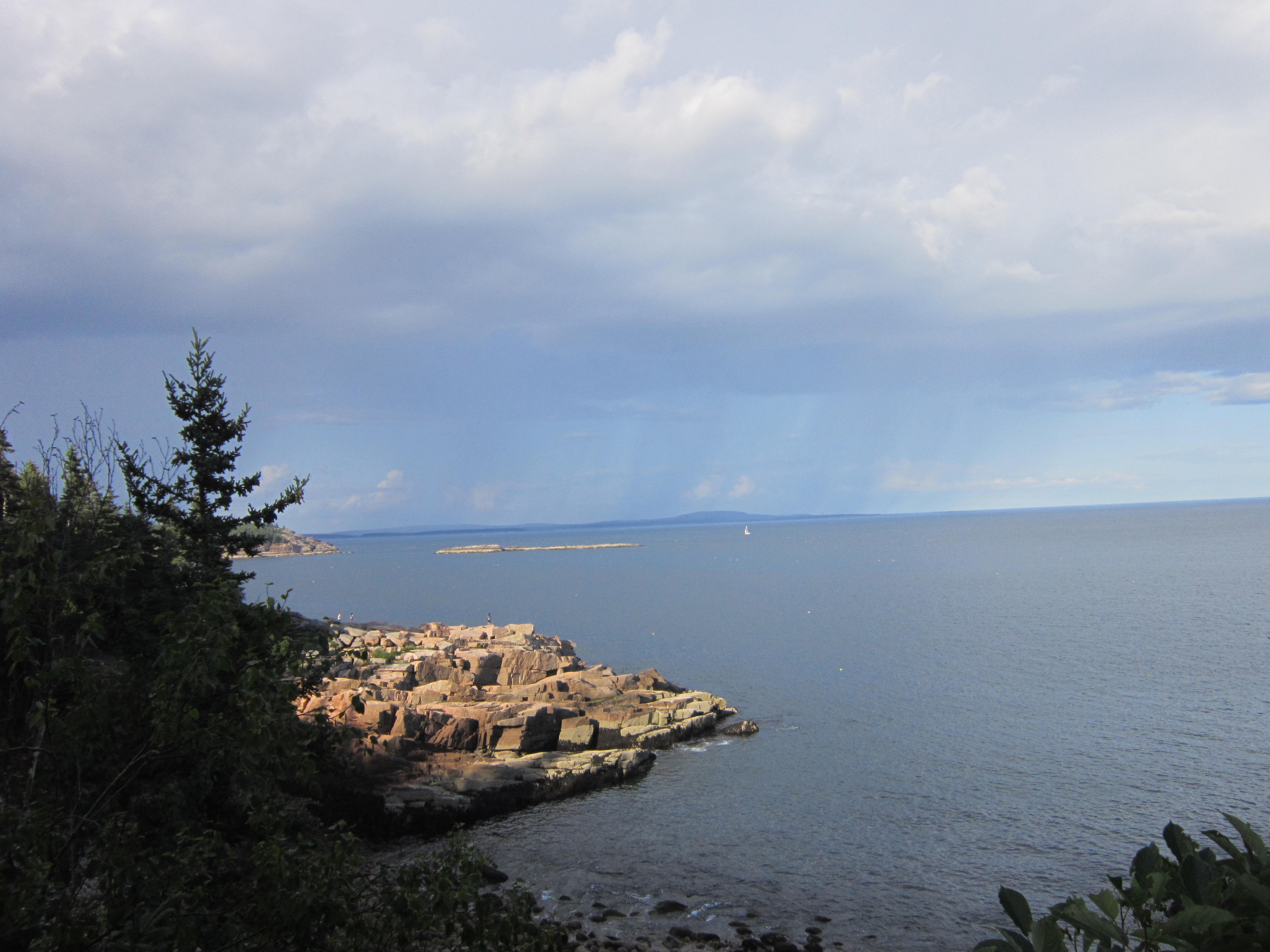 Rocky coastline with trees and ocean under cloudy sky HD Wallpaper