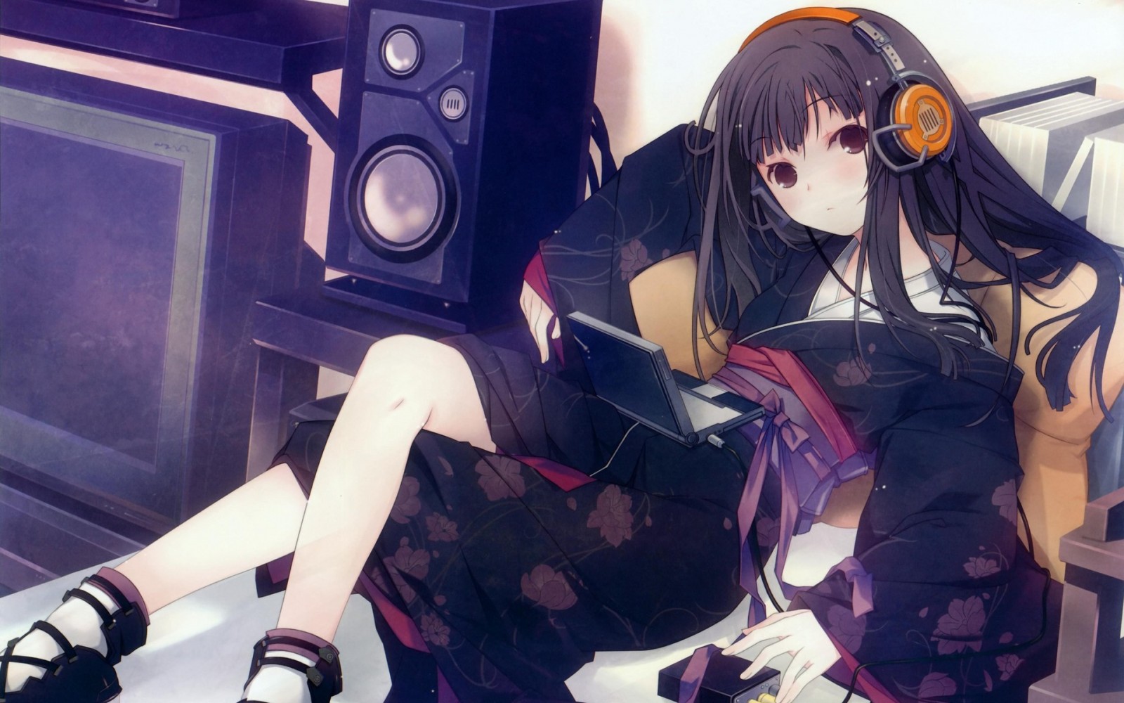 Anime girl in yukata with headphones and laptop HD Wallpaper