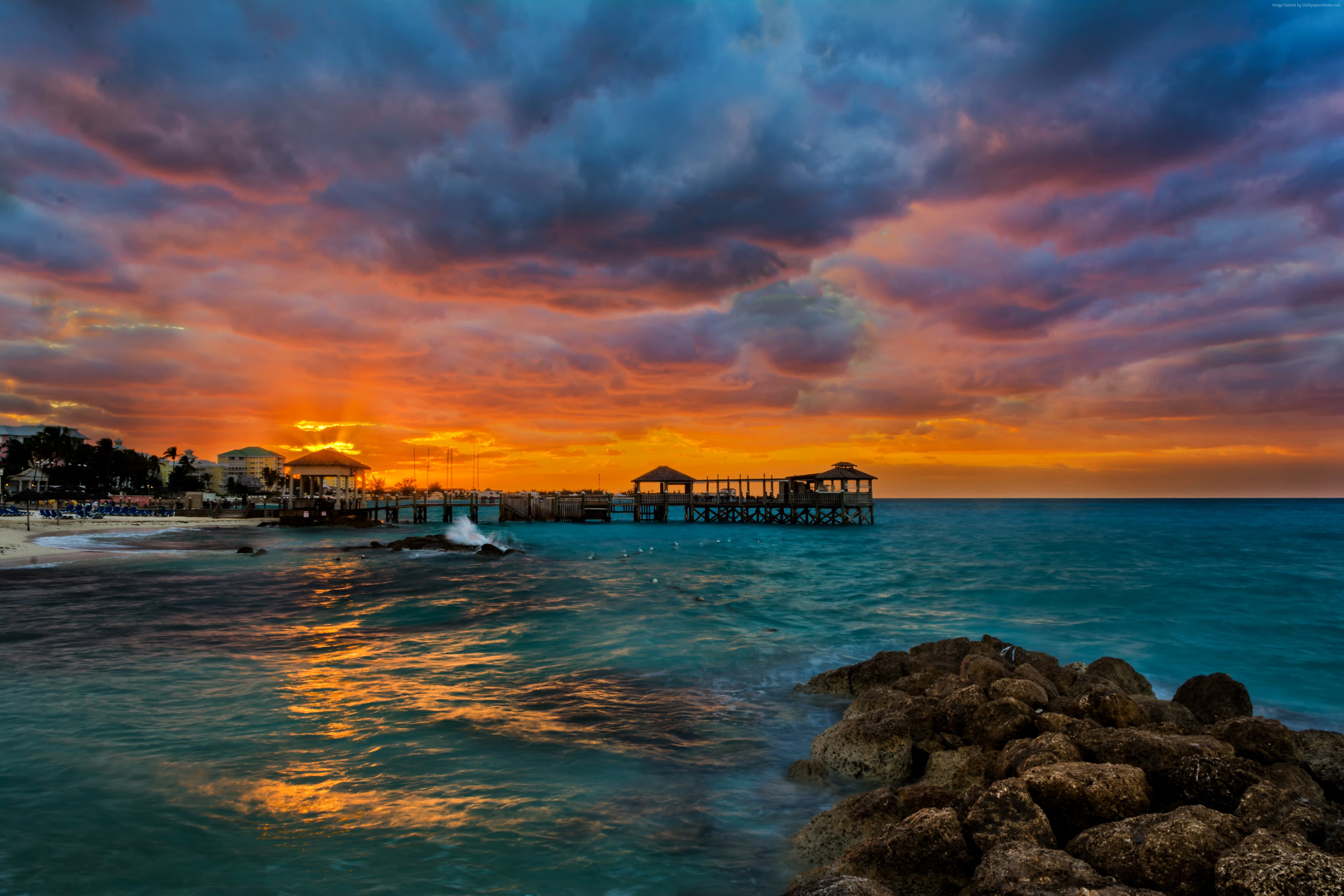 ocean, Sea, shore, 4k, rocks, 5k, sunset HD Wallpaper