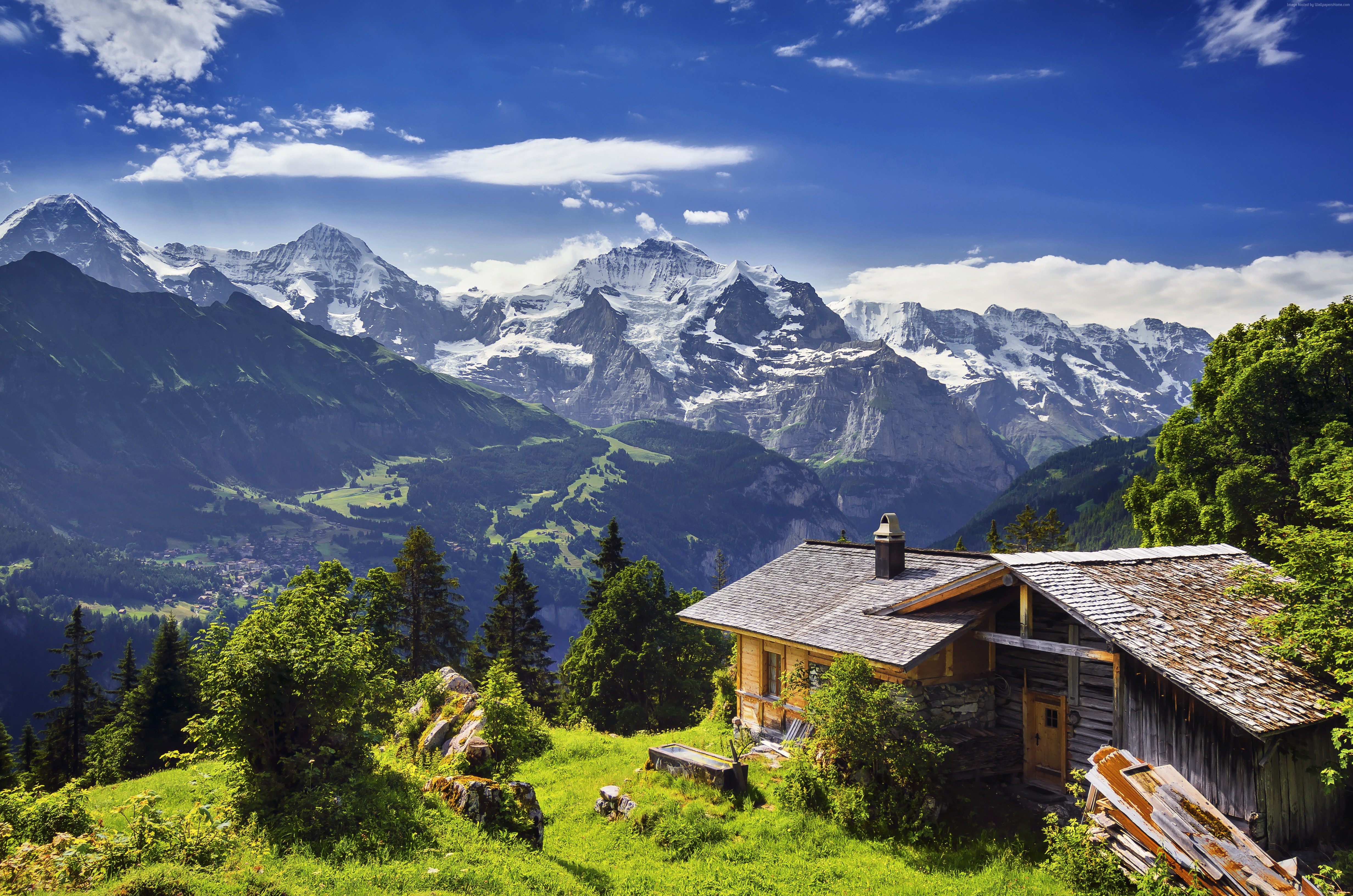 sky, 5k, 8k, 4k, house, mountains, Switzerland HD Wallpaper