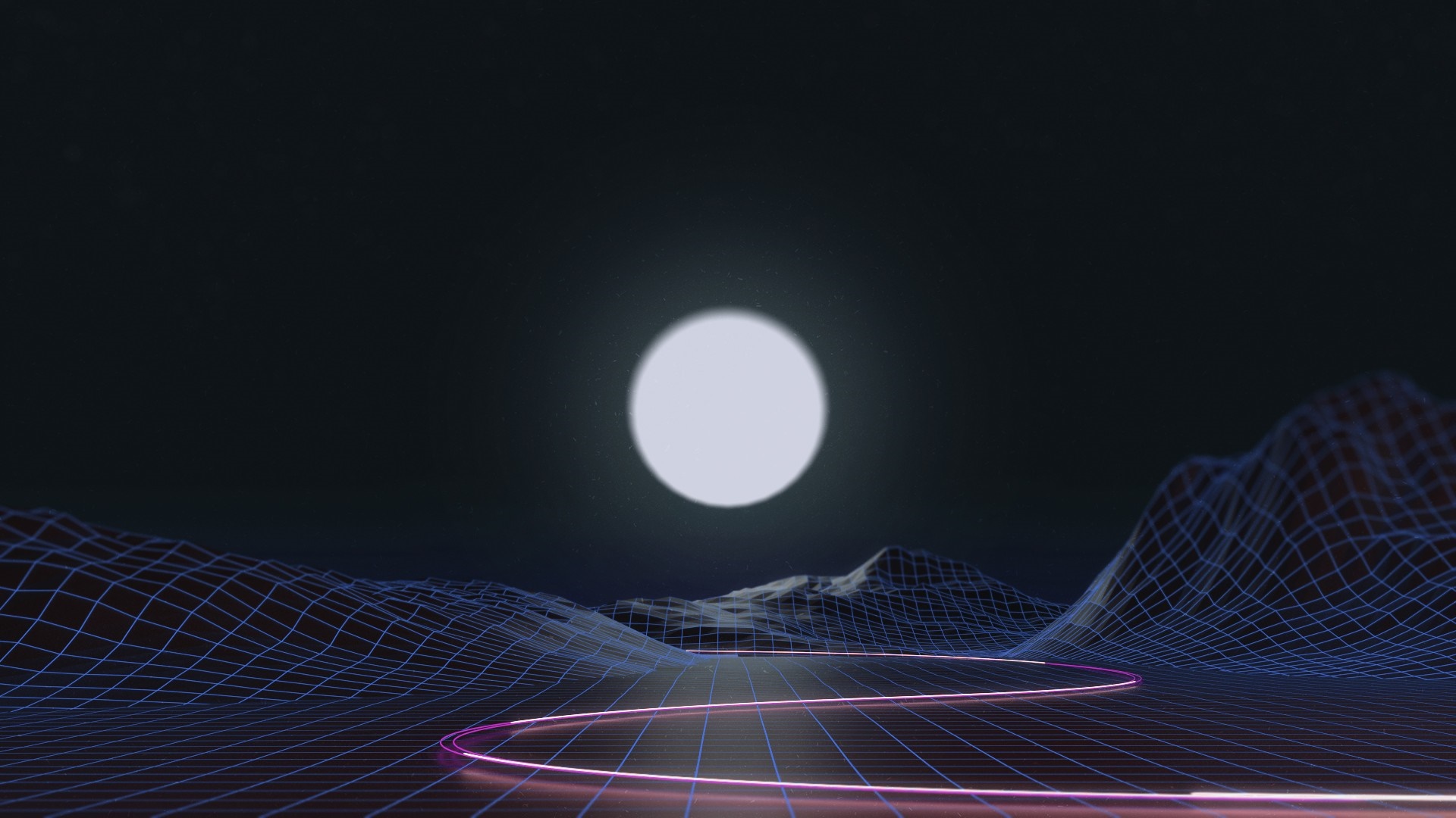 Wireframe landscape with moon and neon road HD Wallpaper