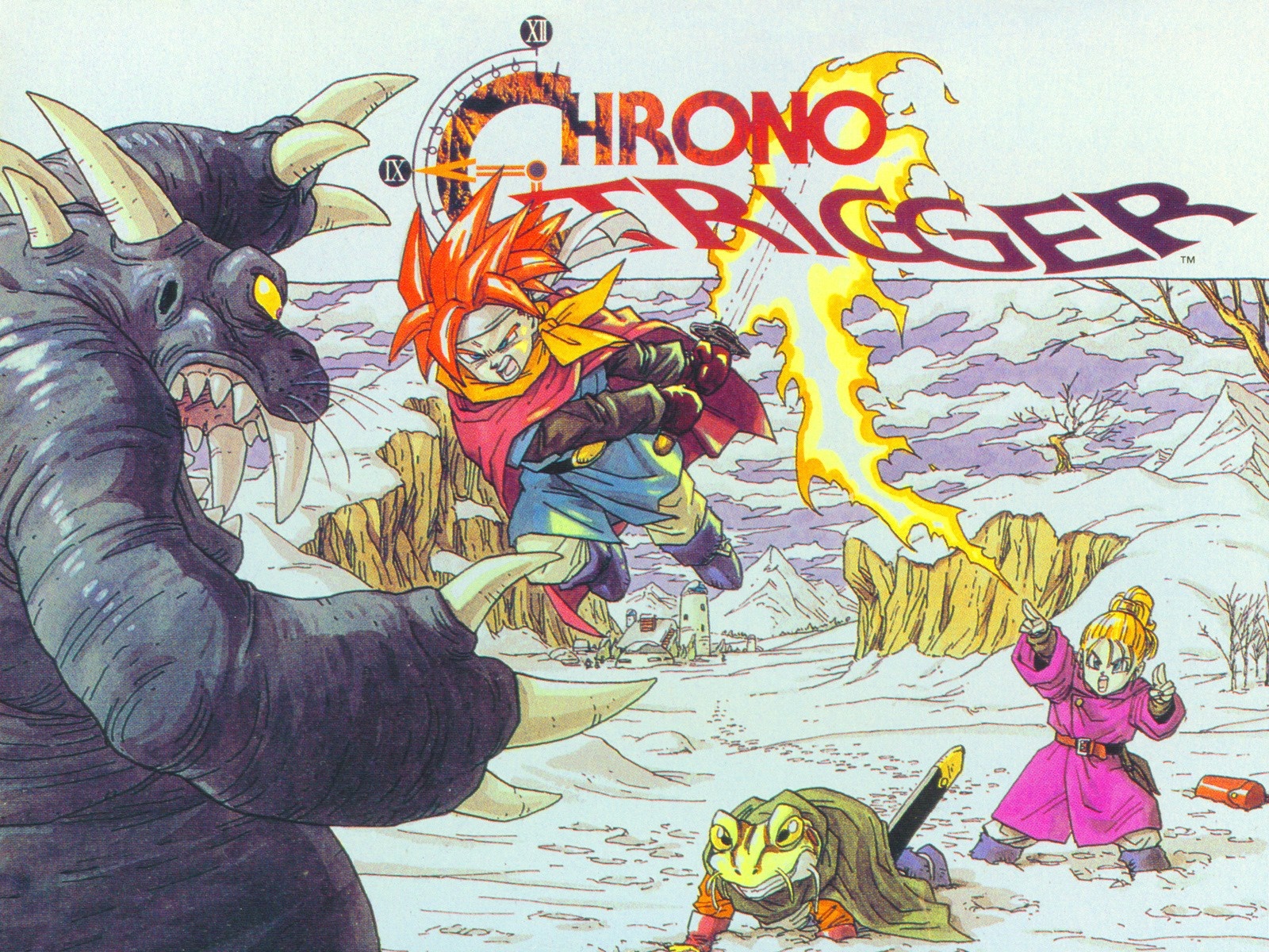 Chrono Trigger: Crono fights a monster with Frog and Lucca HD Wallpaper