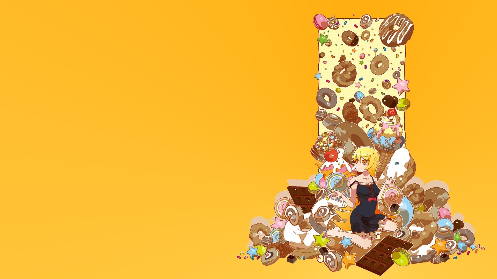 Oshino Shinobu from Monogatari Series surrounded by sweets HD Wallpaper
