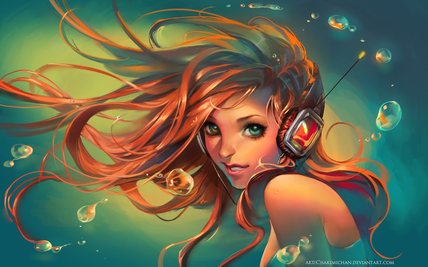 Redhead girl with headphones underwater with bubbles HD Wallpaper