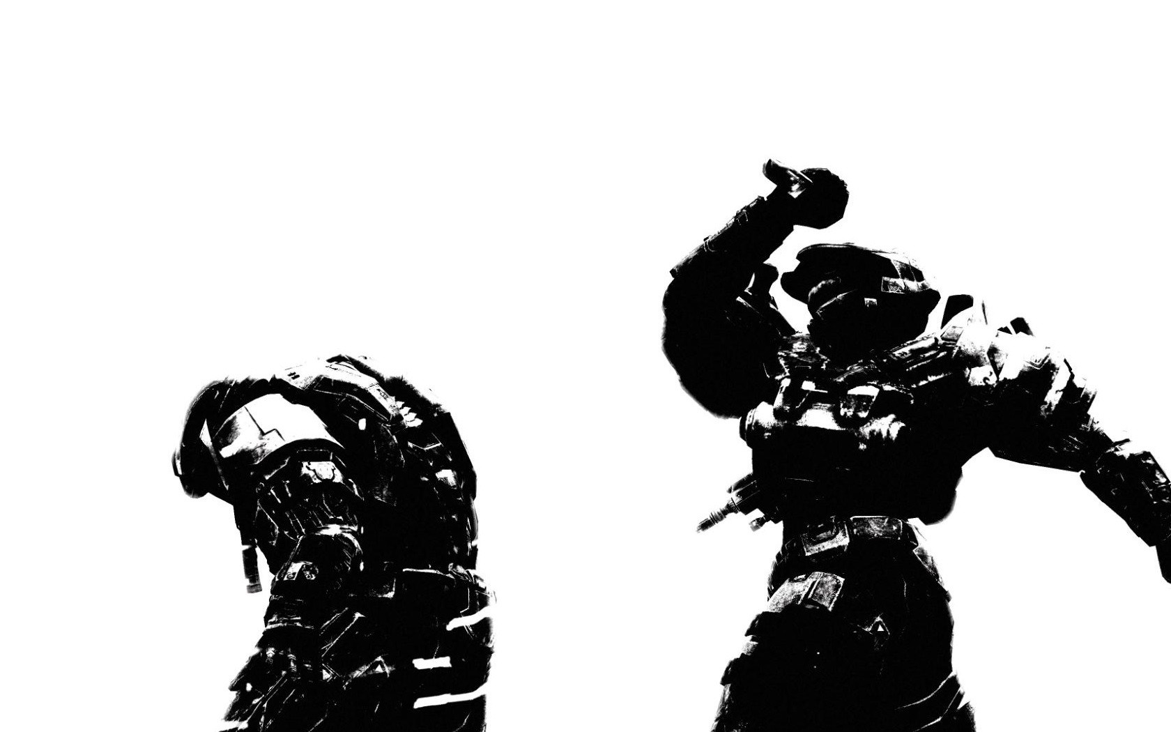 Two armored figures, one slumped, one raised arm HD Wallpaper
