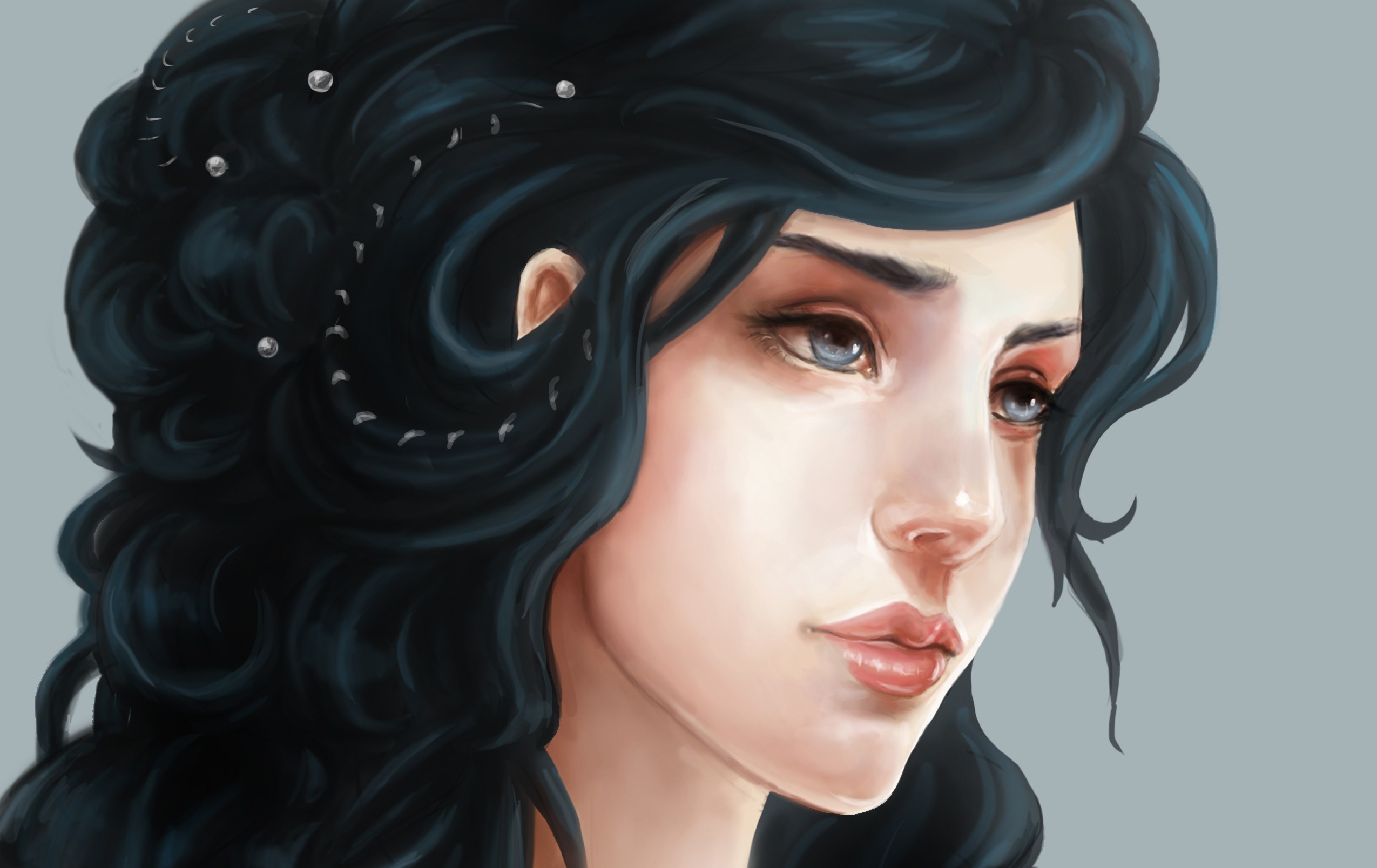 Artwork of a woman with black hair and blue eyes HD Wallpaper