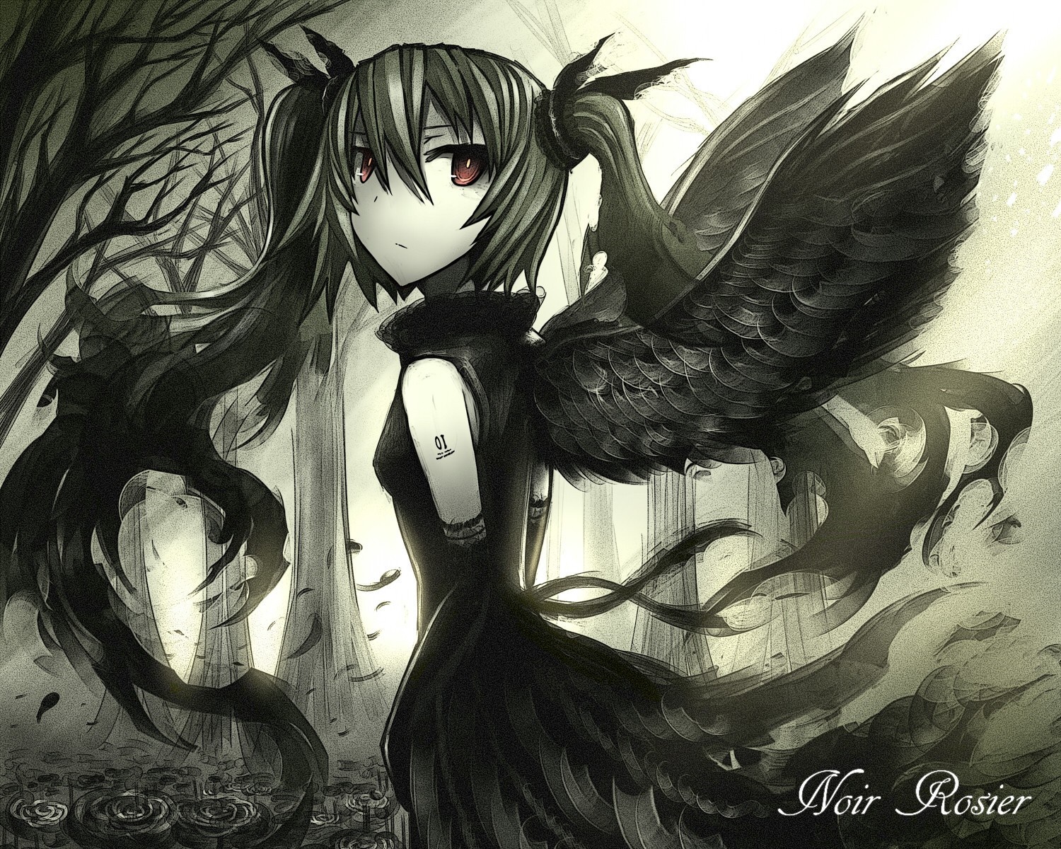 Anime girl with black wings and red eyes HD Wallpaper