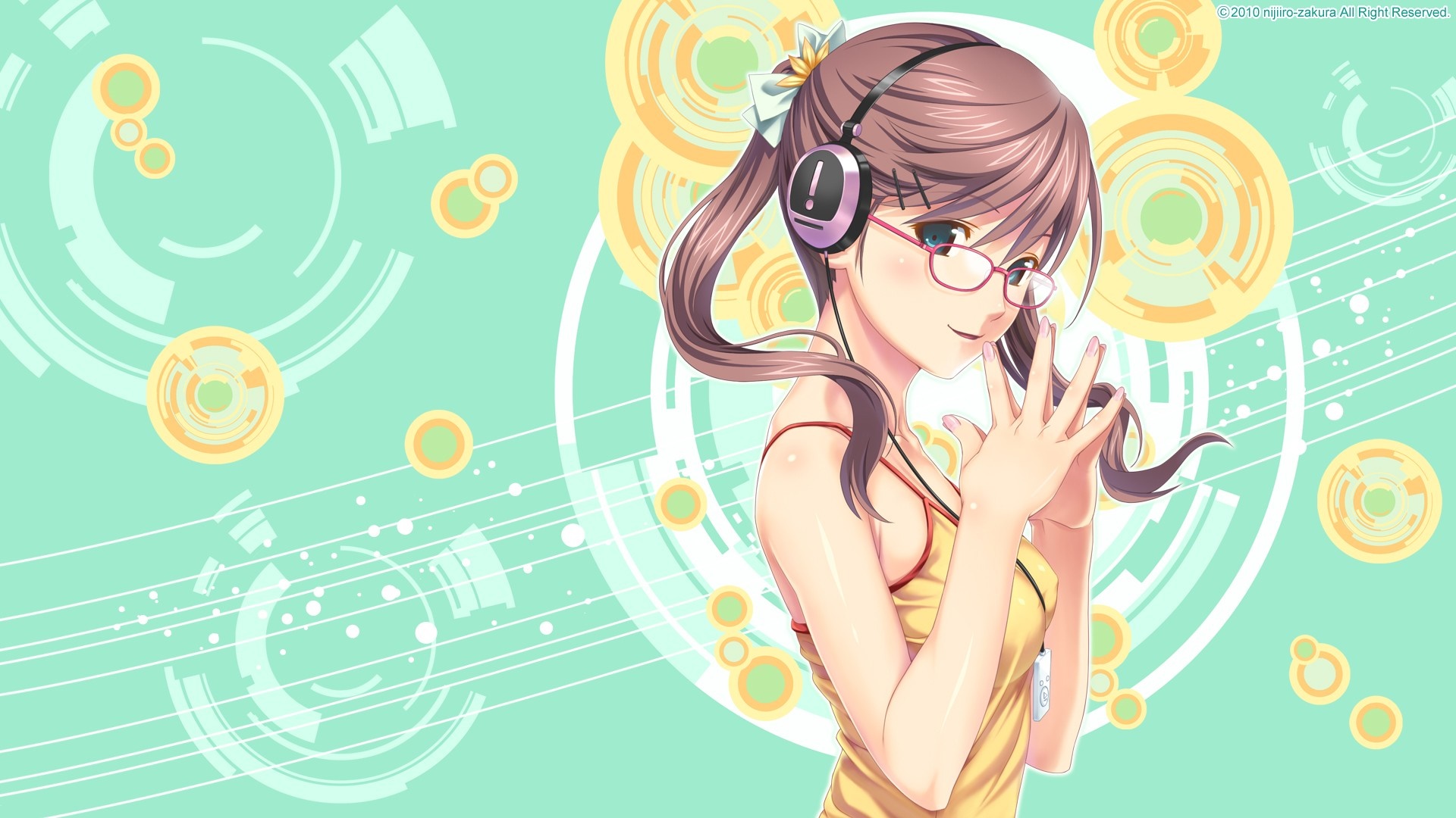 Anime girl with headphones and glasses HD Wallpaper