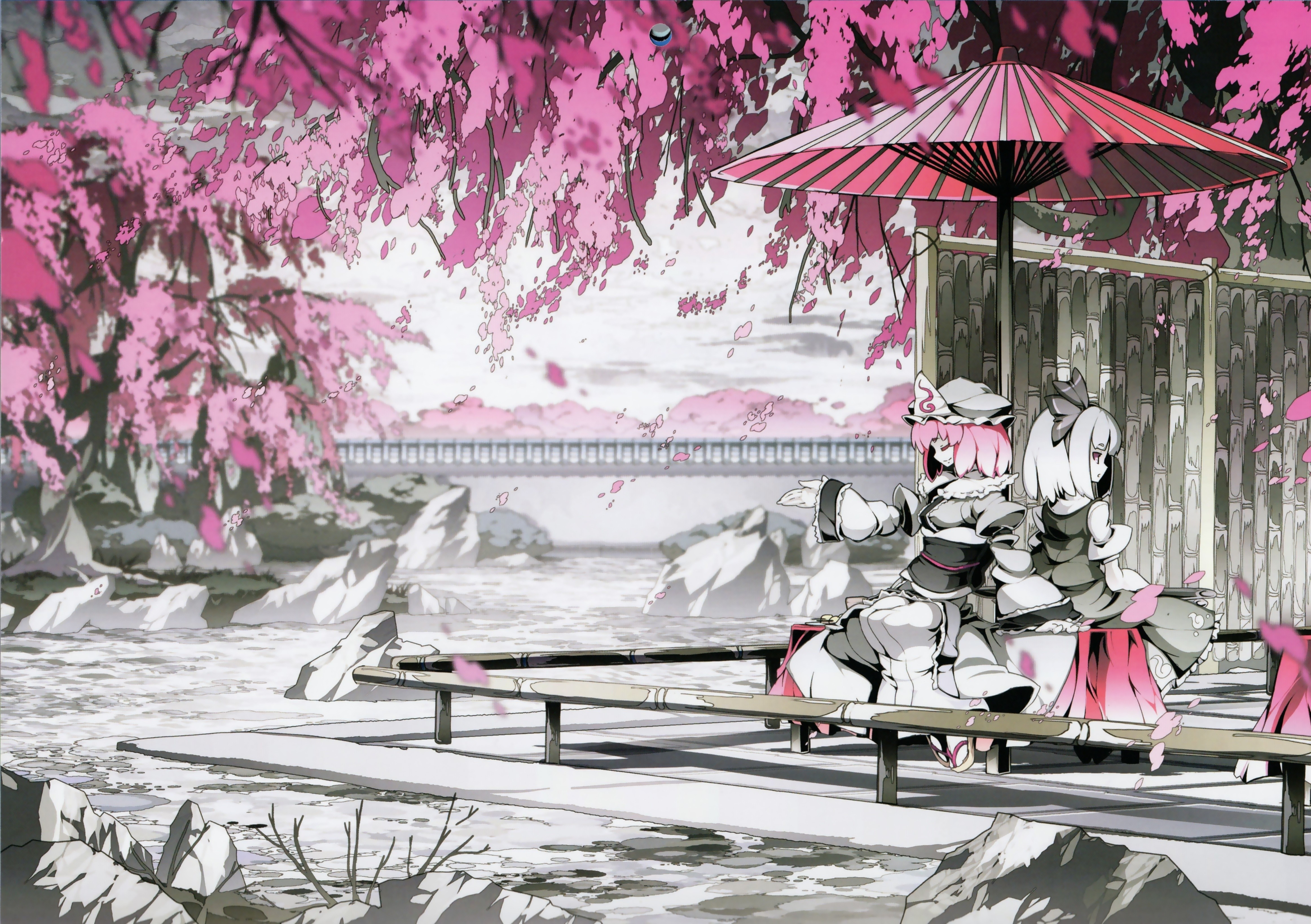 Saigyouji Yuyuko and Konpaku Youmu from Touhou under cherry blossoms HD Wallpaper