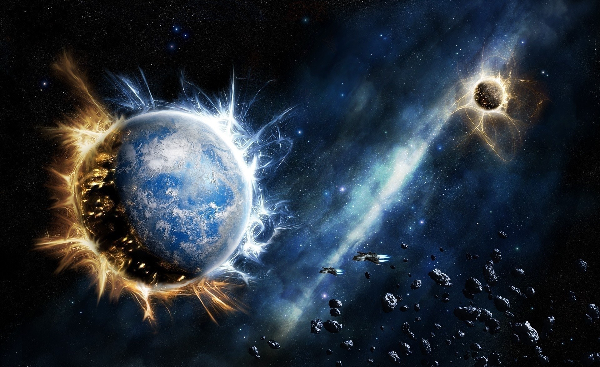 Digital art of Earth and a celestial event in space HD Wallpaper