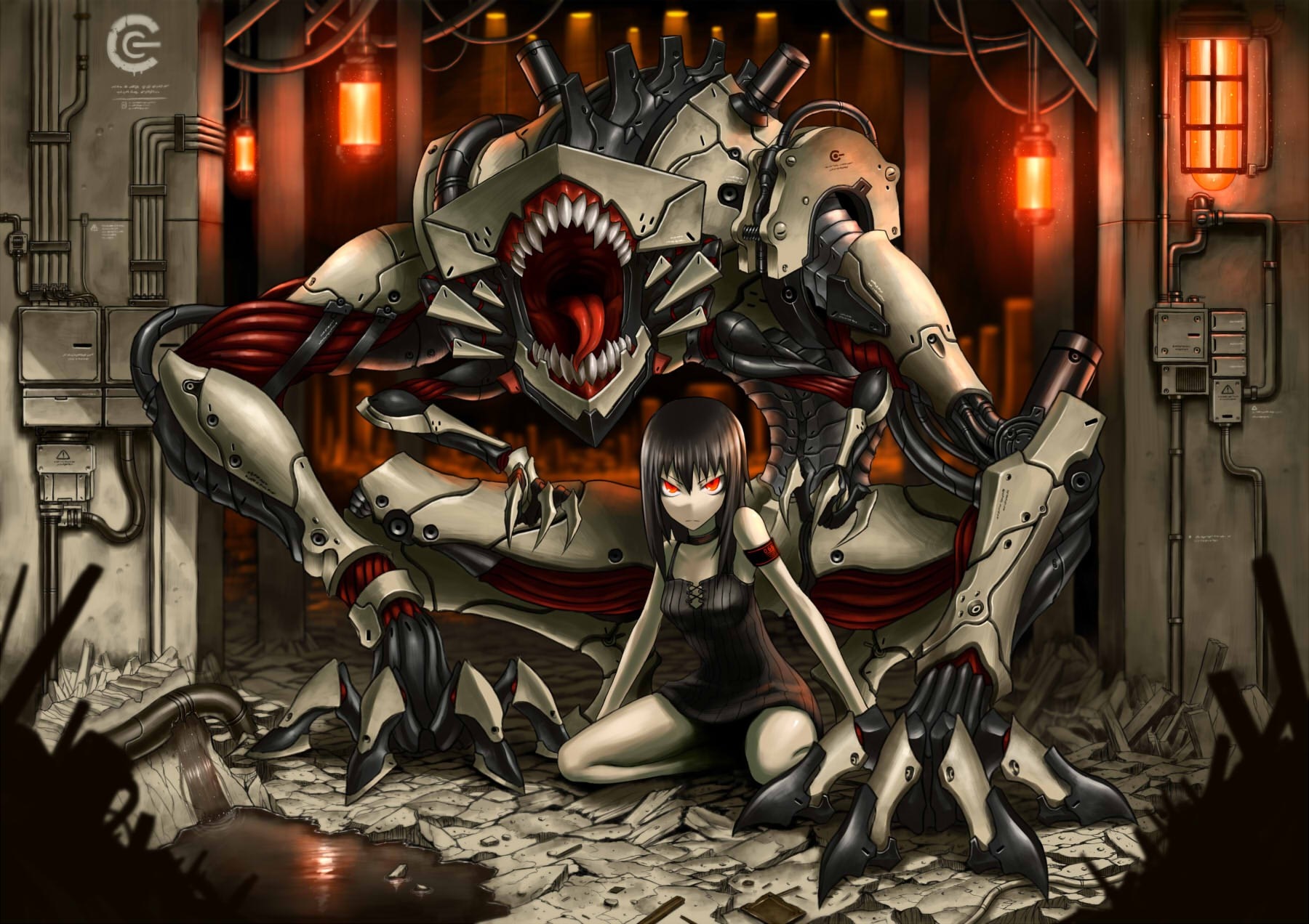 Girl with a large mechanical monster HD Wallpaper