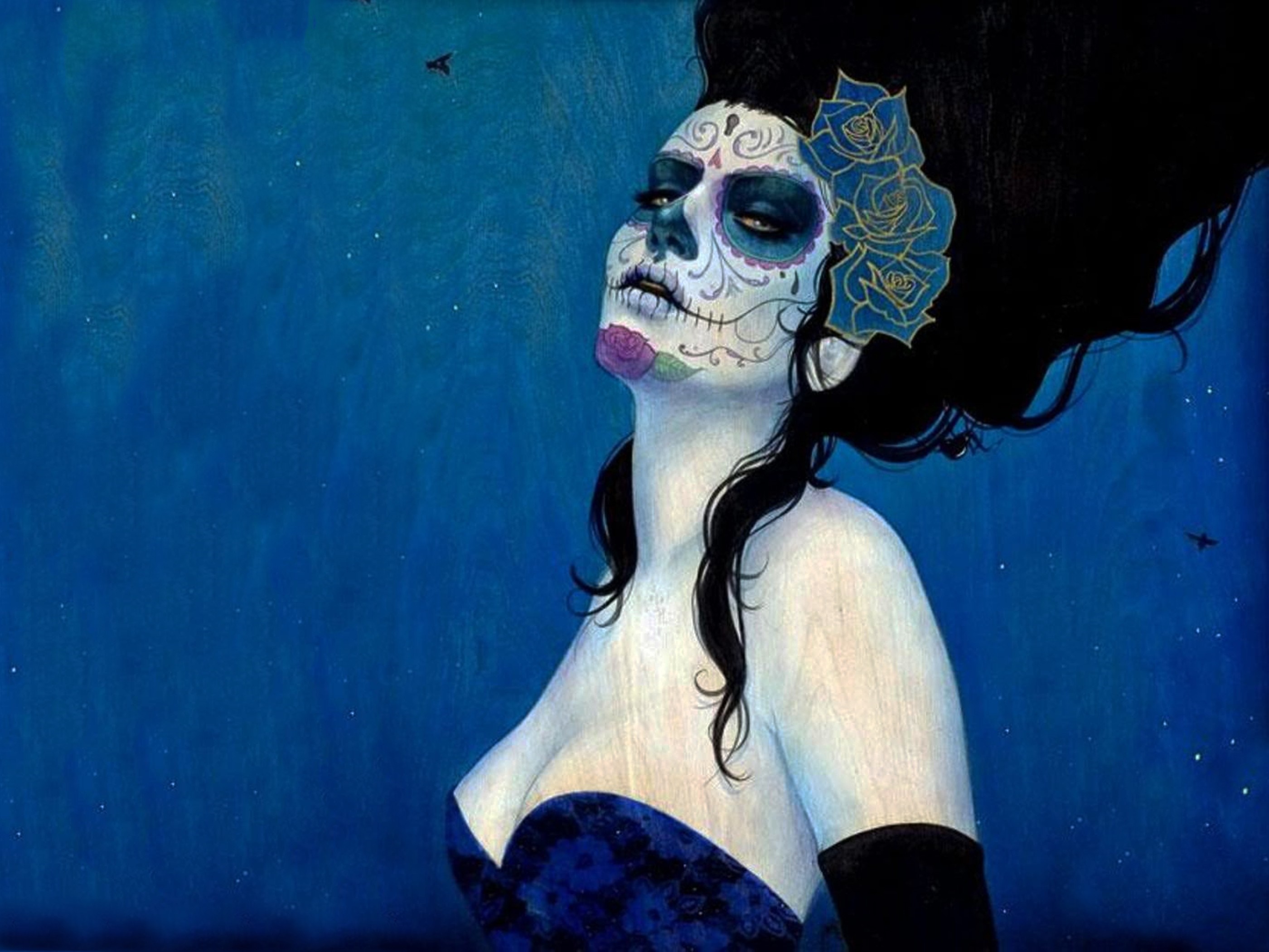 Woman with Dia de los Muertos makeup and blue roses HD Wallpaper
