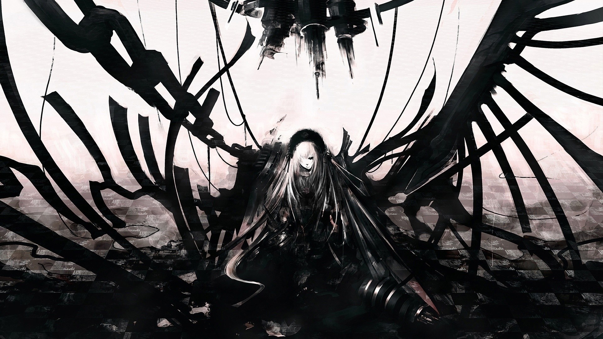 Anime girl with black wings and mechanical elements HD Wallpaper