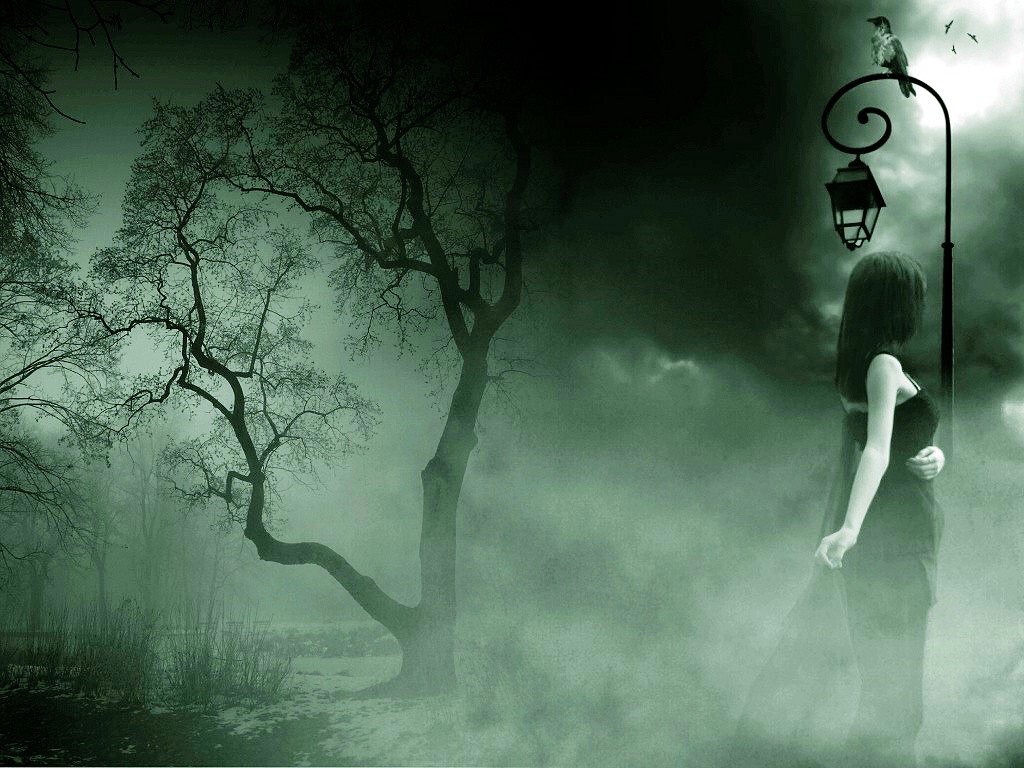 Spooky mist with a girl and a bird on a lamp post HD Wallpaper