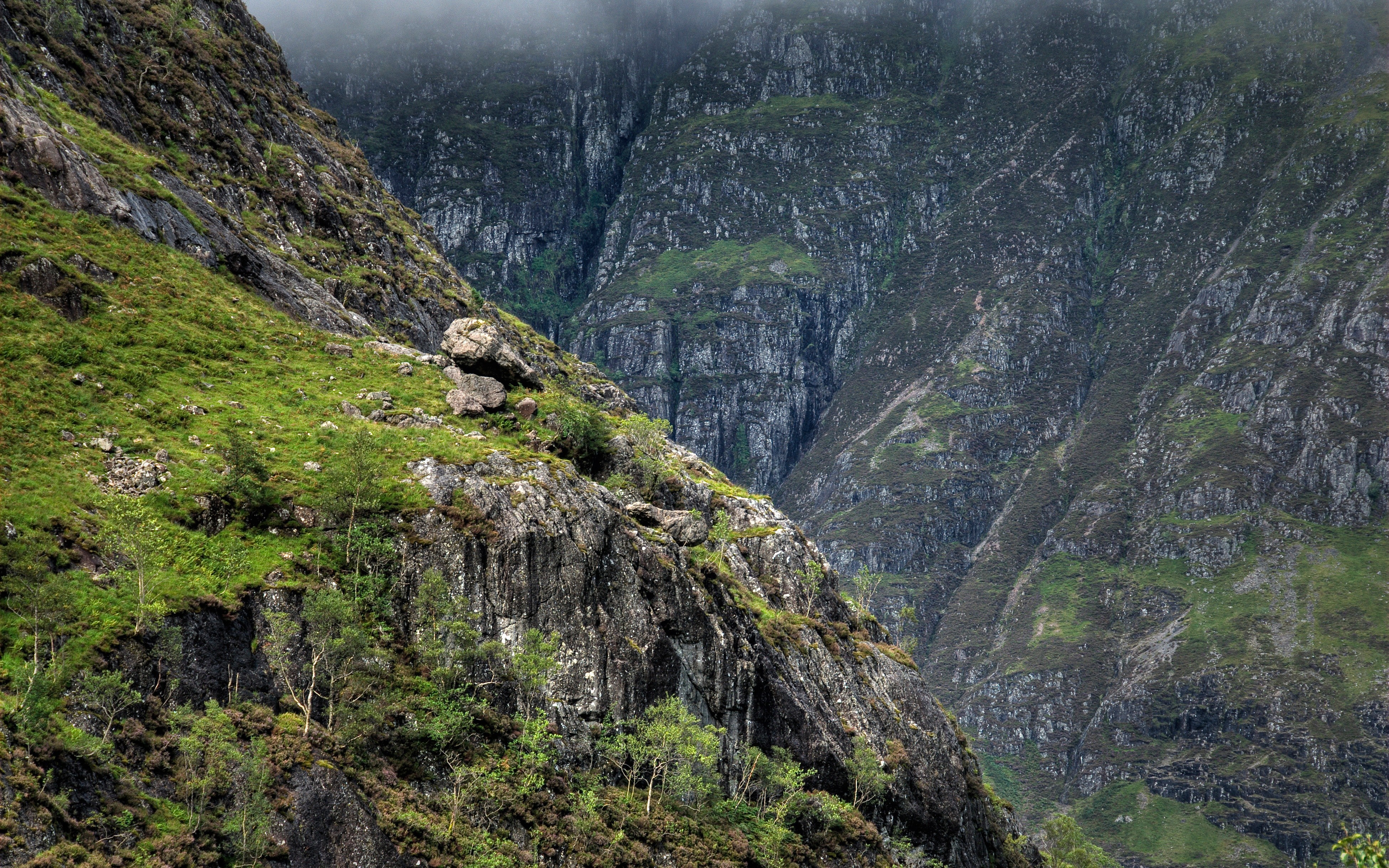 Misty mountains and rocky cliffs with green vegetation HD Wallpaper