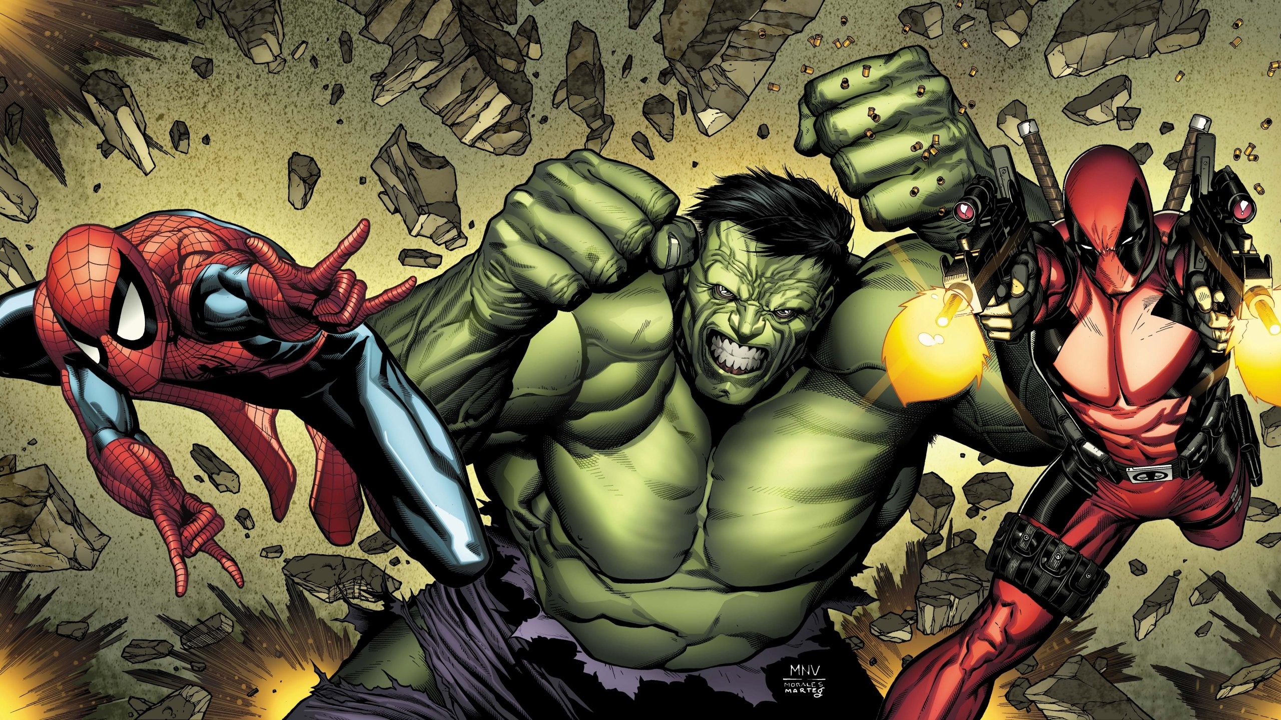 Hulk, Spider-Man, and Deadpool from Marvel Comics HD Wallpaper