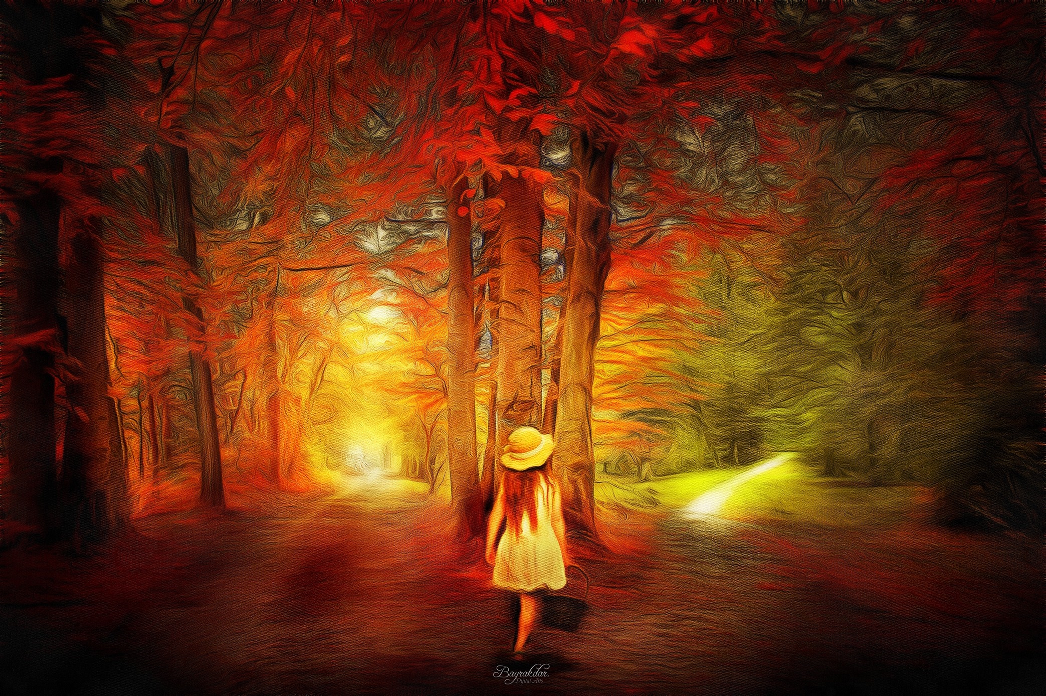 Girl in a straw hat walks through an autumn forest HD Wallpaper