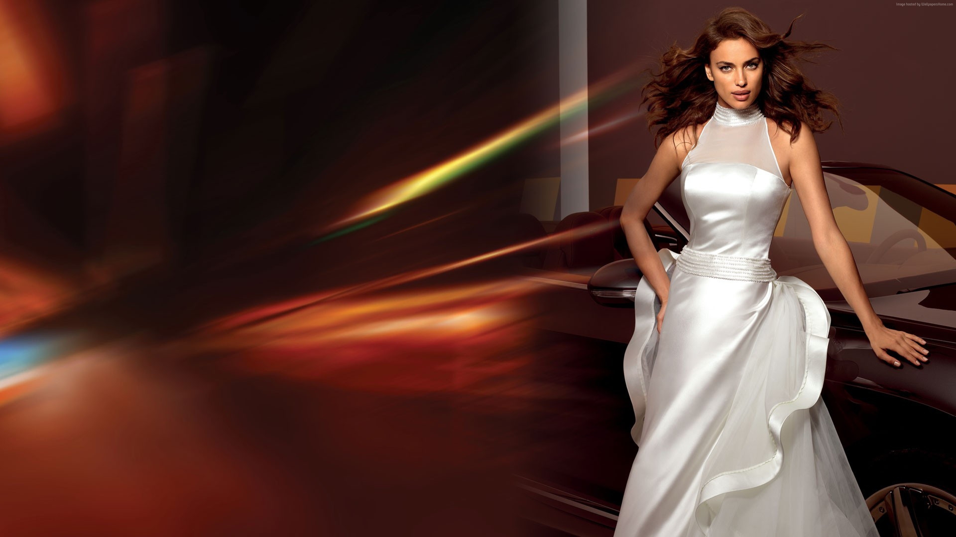Irina Shayk in a white dress next to a car HD Wallpaper
