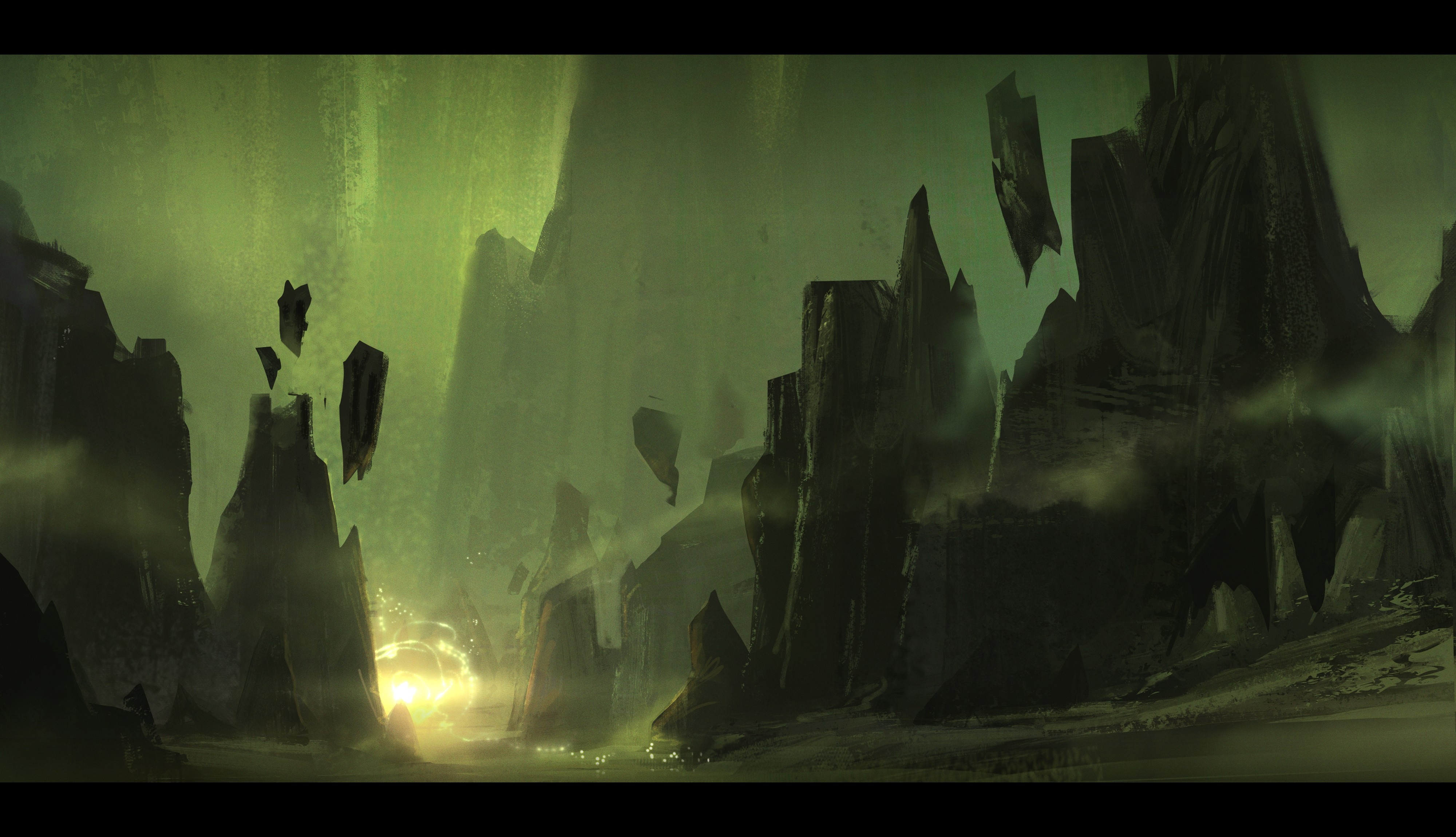 Fantasy landscape with floating rocks and glowing portal HD Wallpaper