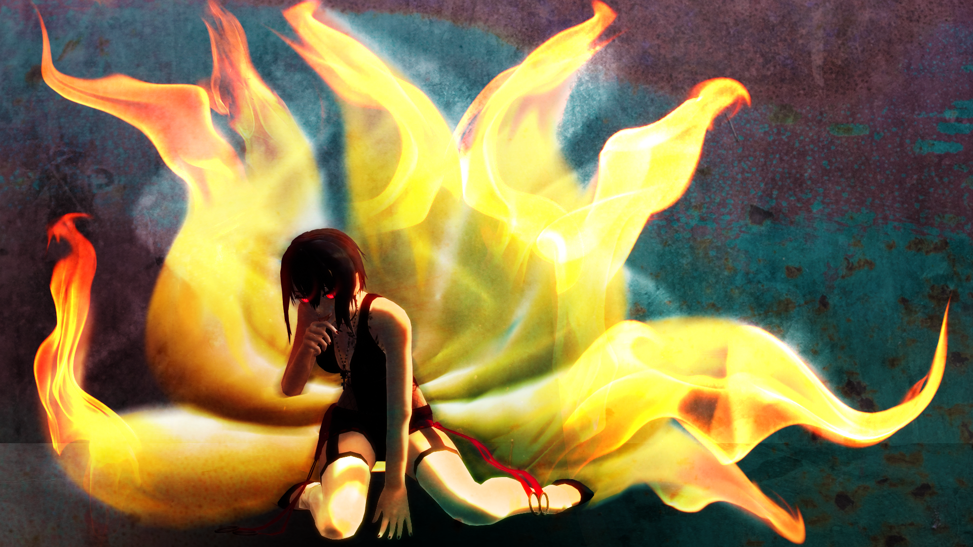 Girl with nine flaming tails HD Wallpaper