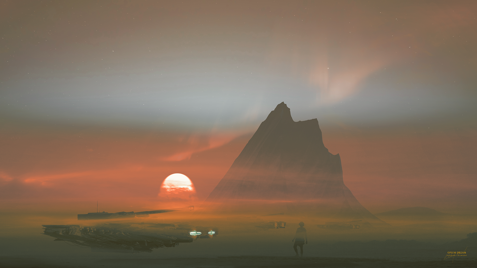Sci-fi landscape with sun, mountains, and spacecraft HD Wallpaper