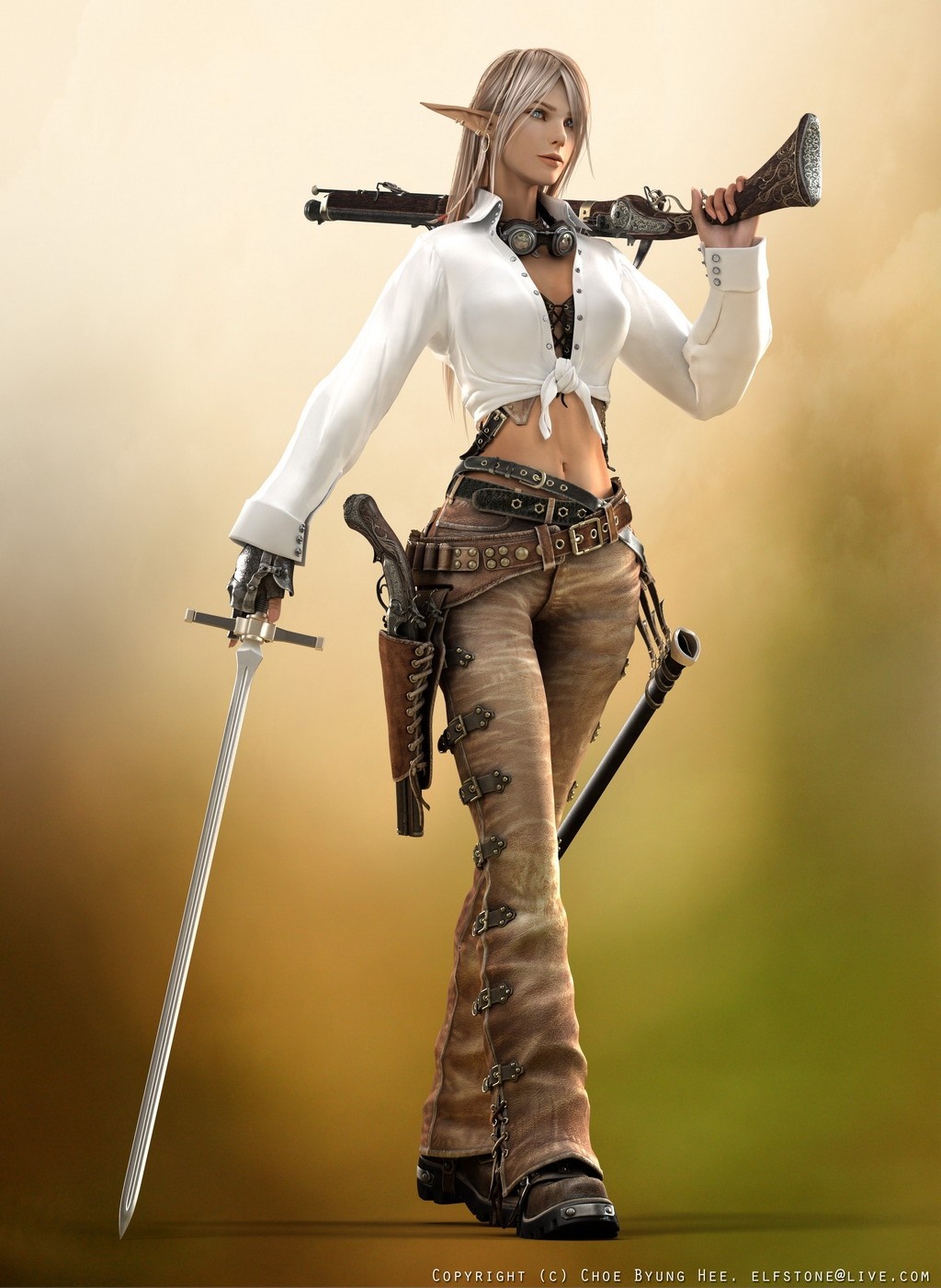 Elf woman with sword and rifle HD Wallpaper