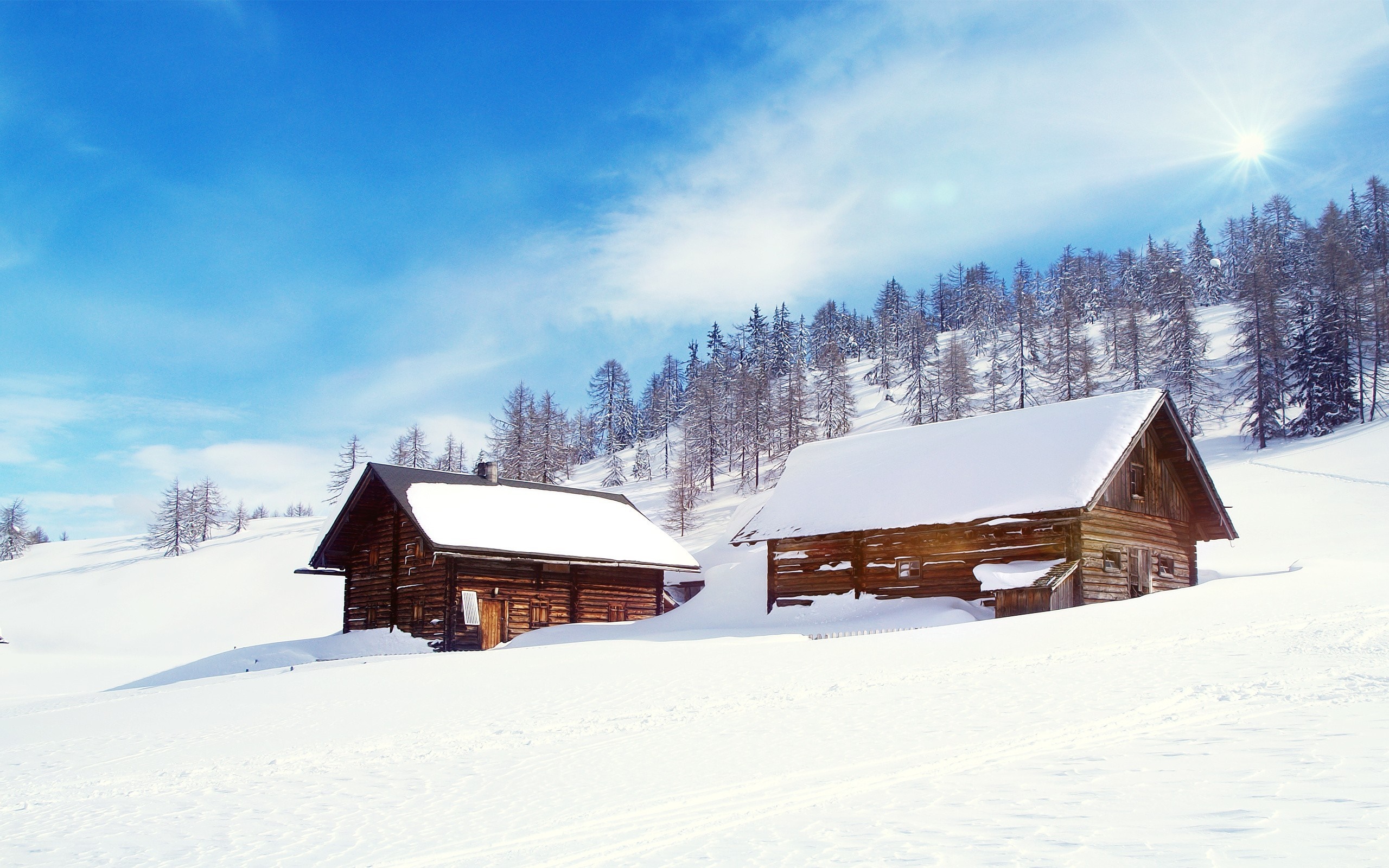Wooden cabins in a snowy mountain landscape with pine trees HD Wallpaper