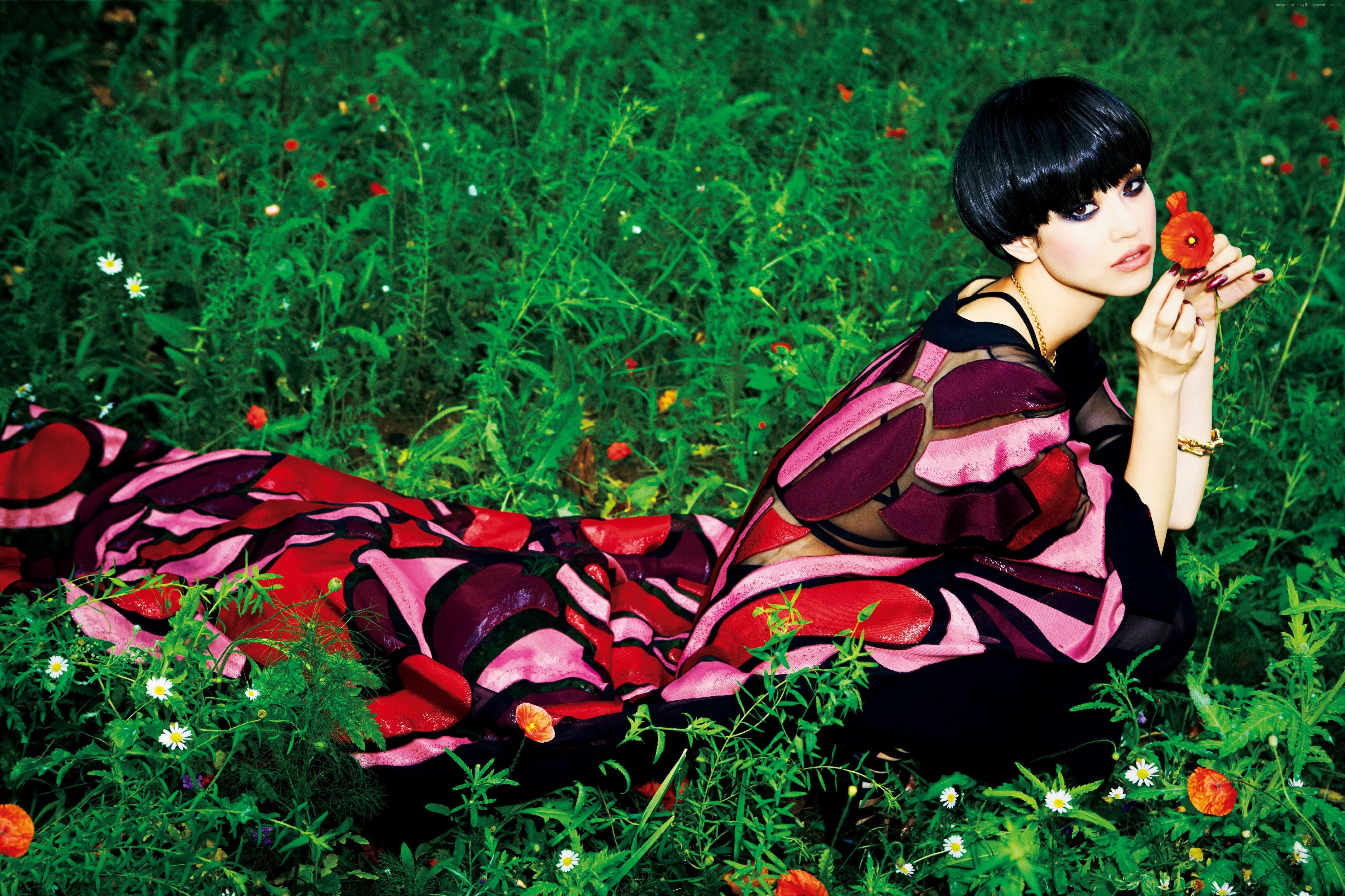 Kiko Mizuhara in a field of flowers HD Wallpaper