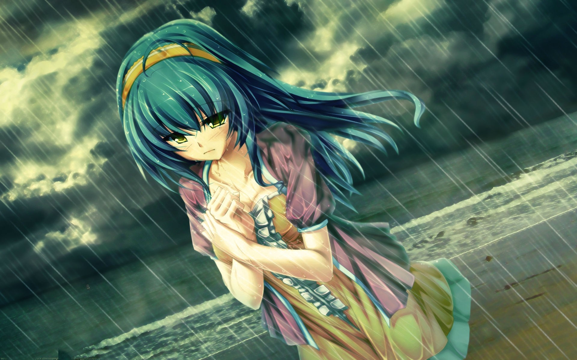 Anime girl with blue hair in the rain HD Wallpaper