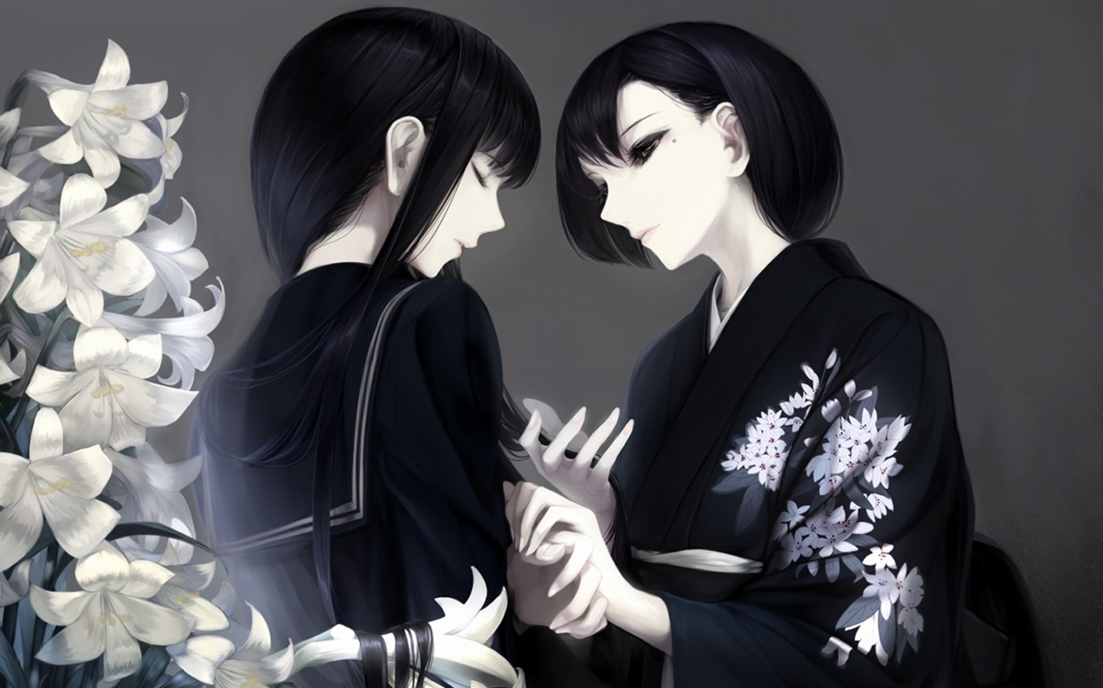 Two anime girls with black hair and white lilies HD Wallpaper