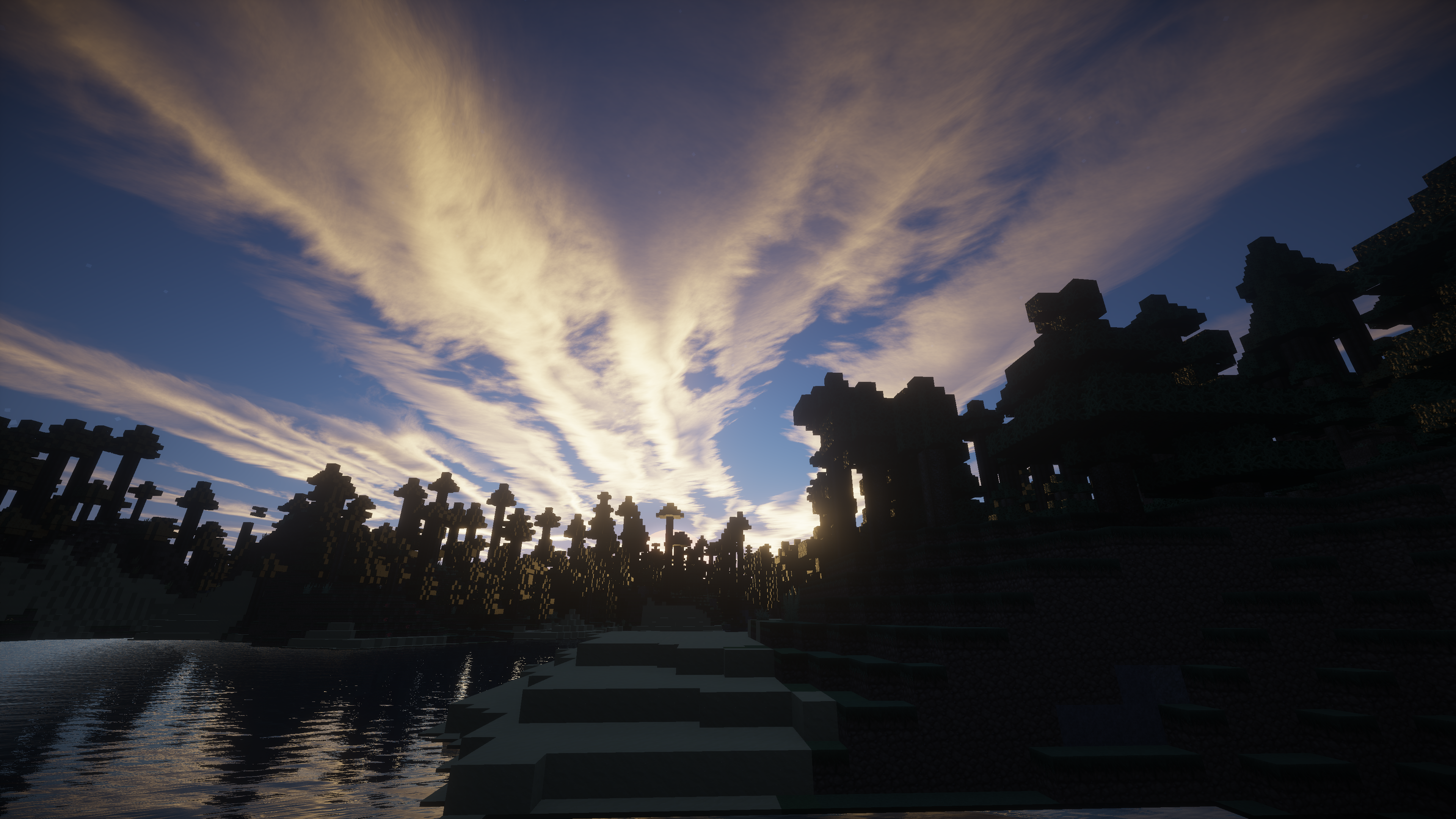 Minecraft landscape with sunset over water and trees HD Wallpaper