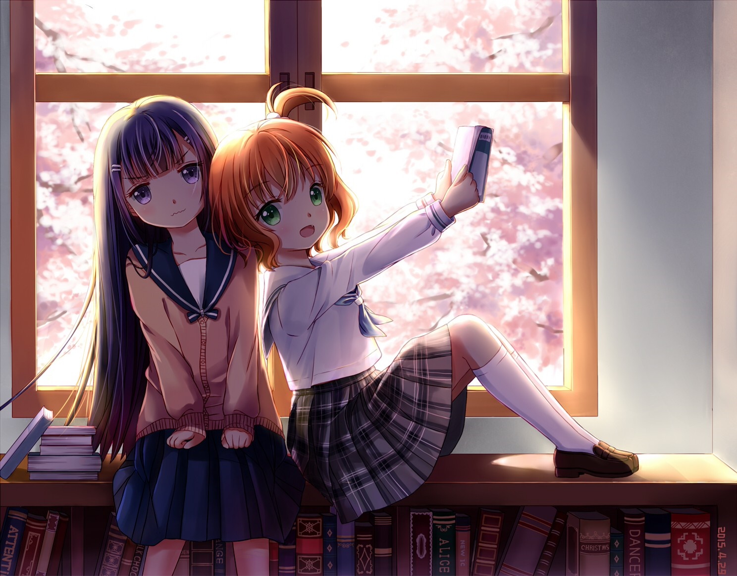 Two anime schoolgirls reading by a window HD Wallpaper