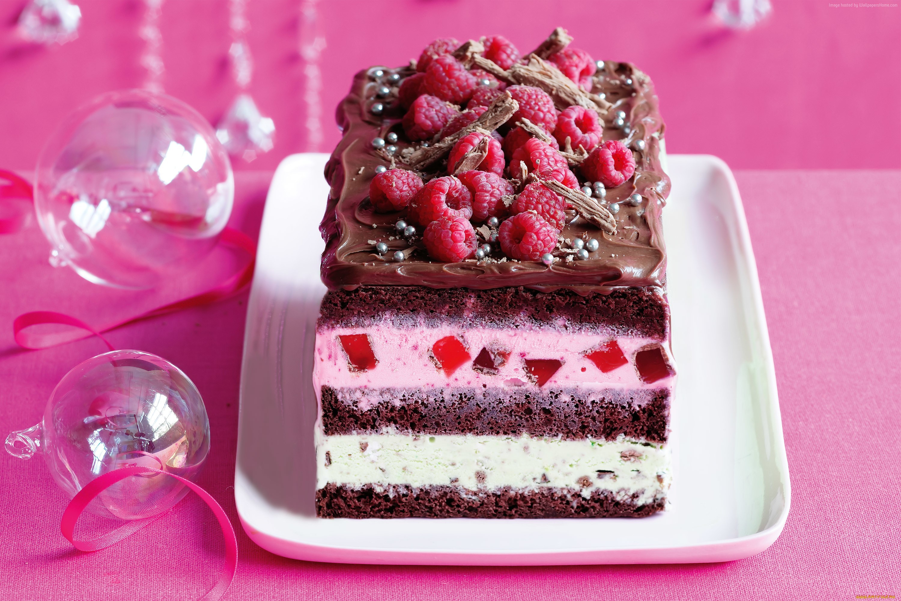 Chocolate raspberry cake with ice cream layers HD Wallpaper