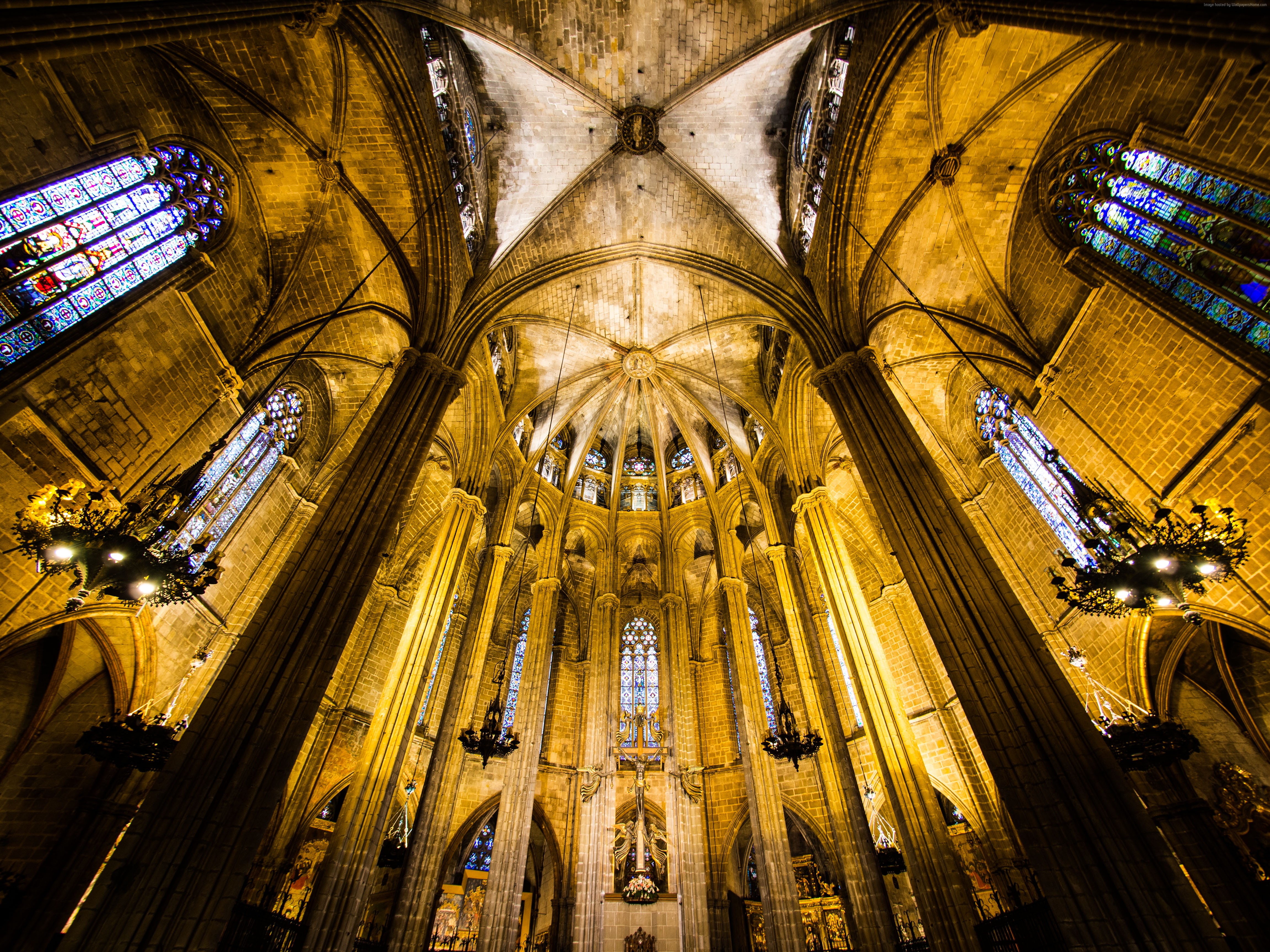 Interior of Barcelona Cathedral with stained glass windows HD Wallpaper