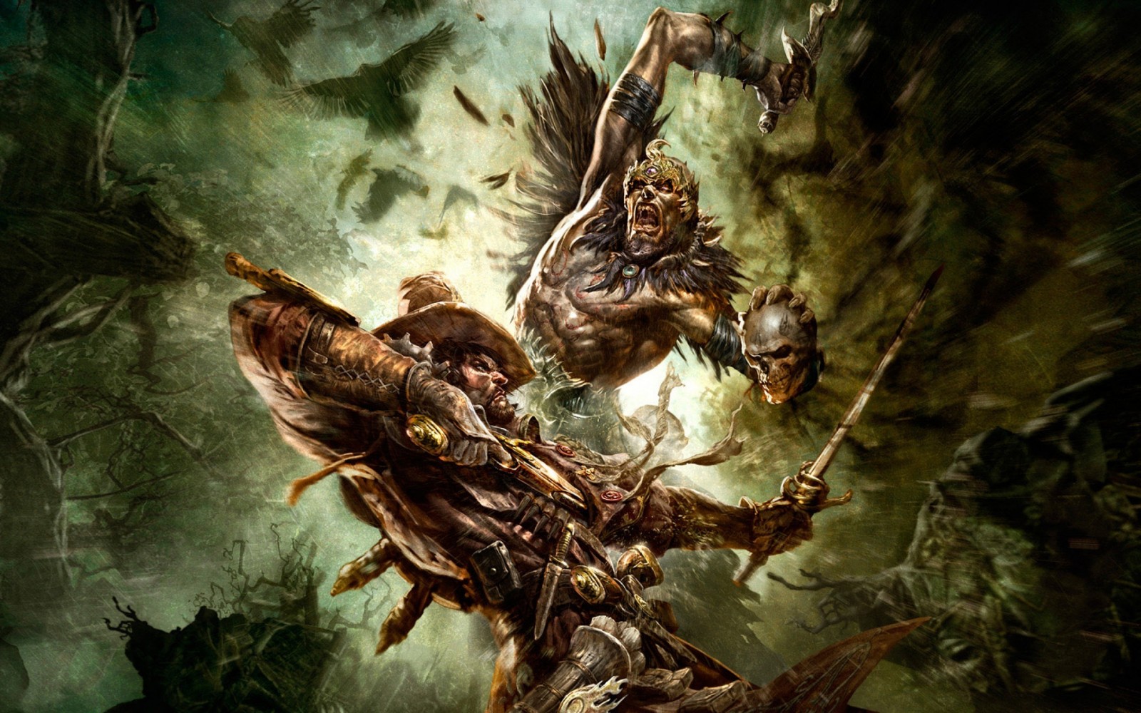 Fantasy art of a man fighting a monstrous creature HD Wallpaper