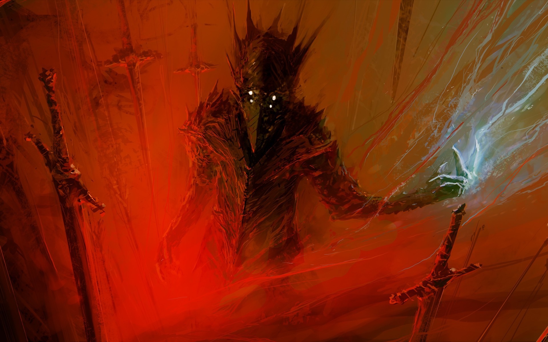 Dark figure with glowing eyes surrounded by swords HD Wallpaper