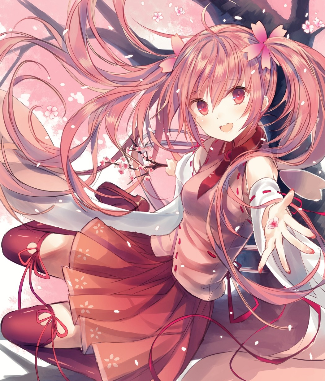 Sakura Miku from Vocaloid with pink twintails and cherry blossoms HD Wallpaper